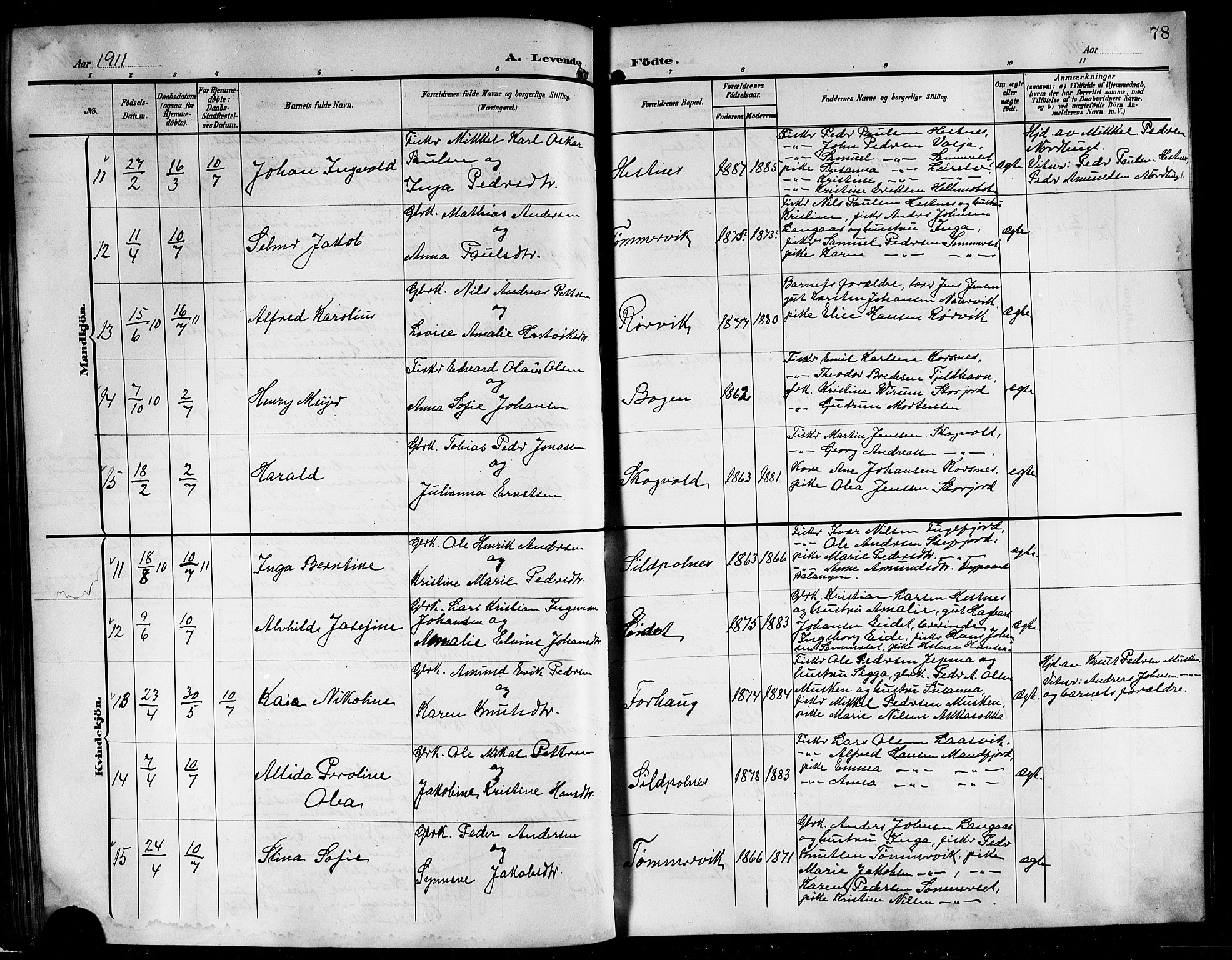 Ministerialprotokoller, klokkerbøker og fødselsregistre - Nordland, AV/SAT-A-1459/861/L0877: Parish register (copy) no. 861C03, 1903-1919, p. 78