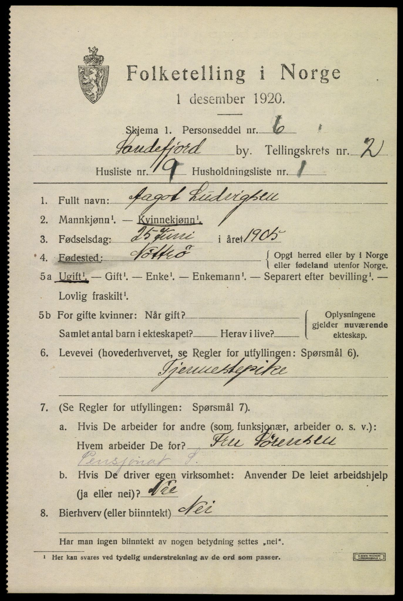 SAKO, 1920 census for Sandefjord, 1920, p. 5594