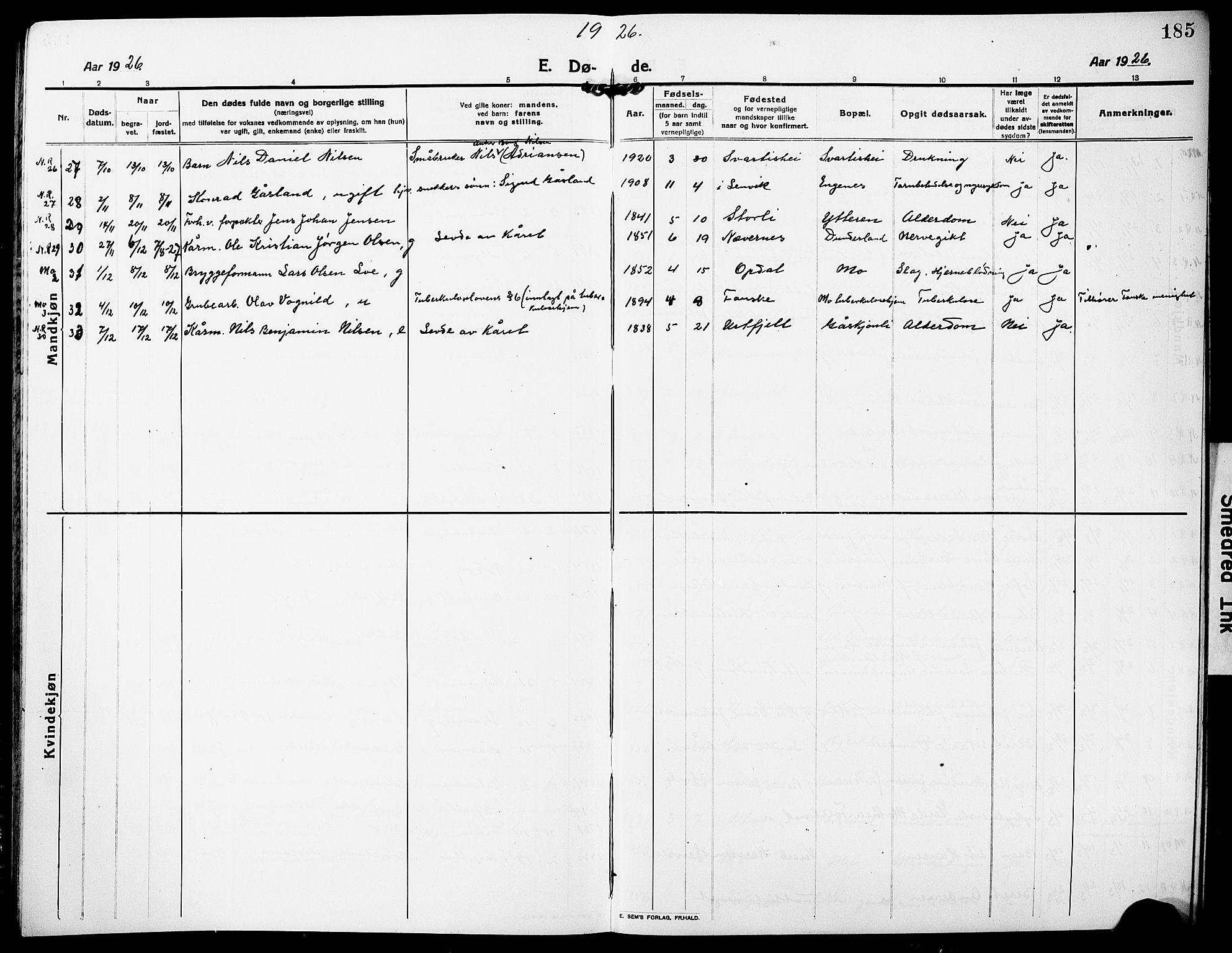 Ministerialprotokoller, klokkerbøker og fødselsregistre - Nordland, AV/SAT-A-1459/827/L0424: Parish register (copy) no. 827C13, 1921-1930, p. 185