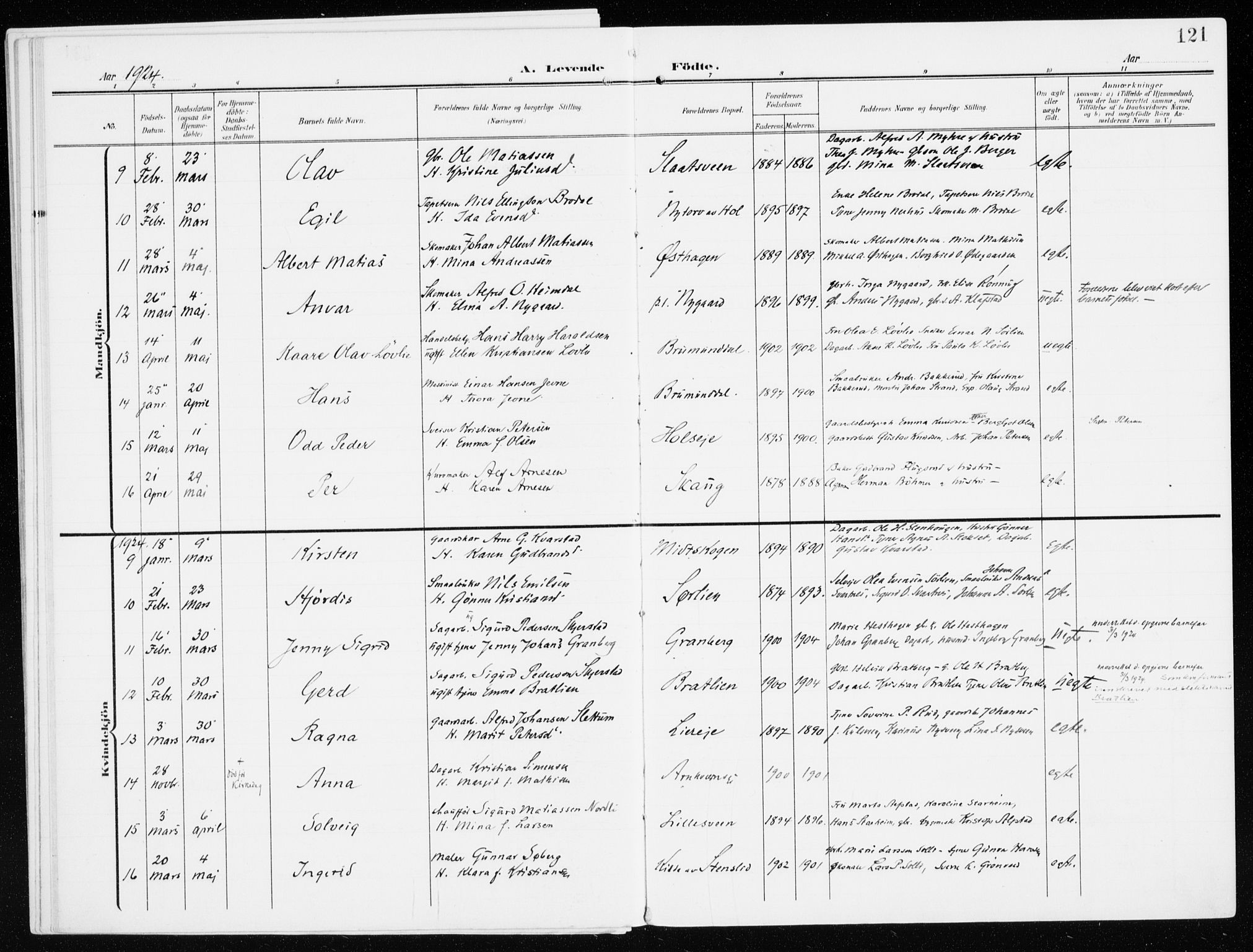 Furnes prestekontor, SAH/PREST-012/K/Ka/L0001: Parish register (official) no. 1, 1907-1935, p. 121