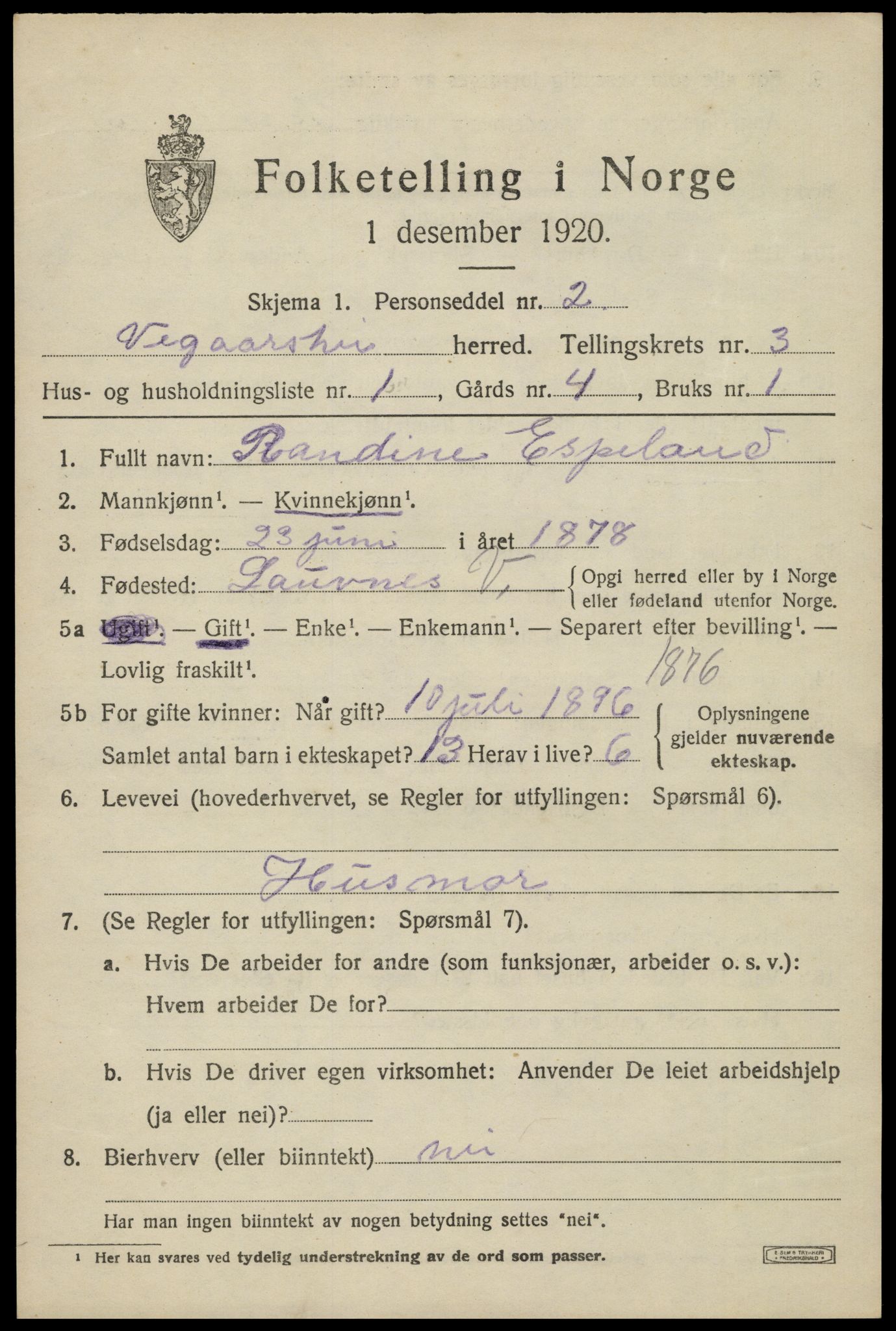 SAK, 1920 census for Vegårshei, 1920, p. 1510