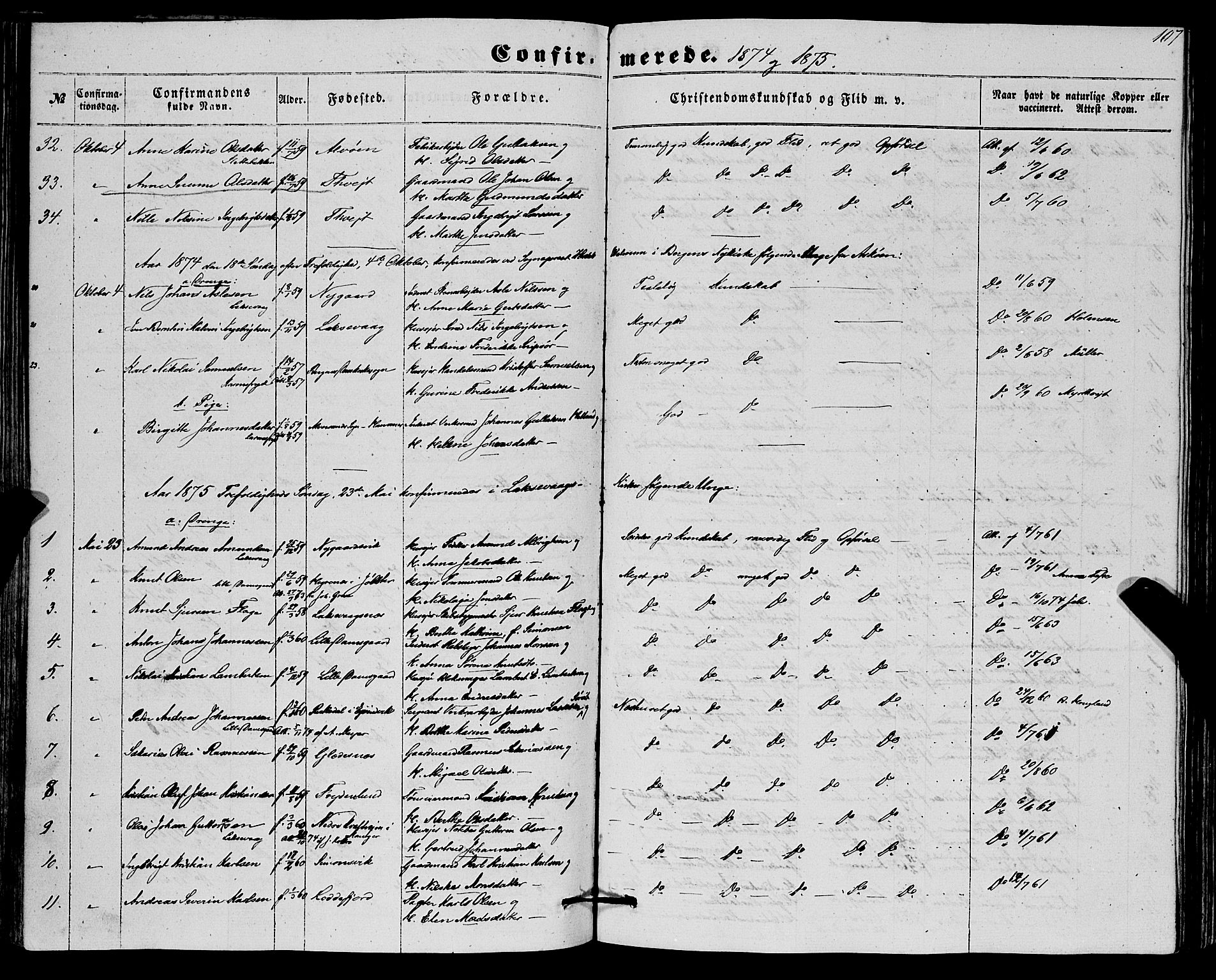 Askøy Sokneprestembete, SAB/A-74101/H/Ha/Haa/Haaa/L0012: Parish register (official) no. A 12, 1855-1877, p. 107
