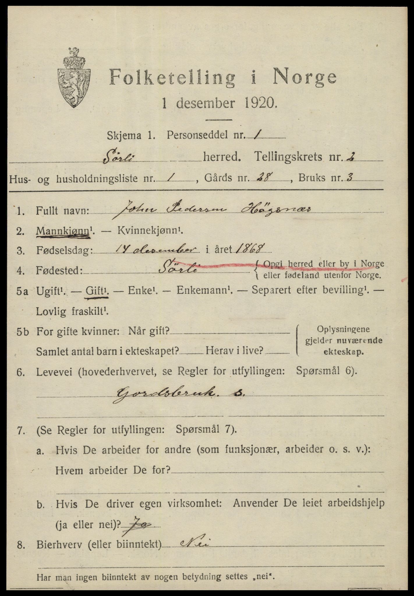 SAT, 1920 census for Sørli, 1920, p. 797