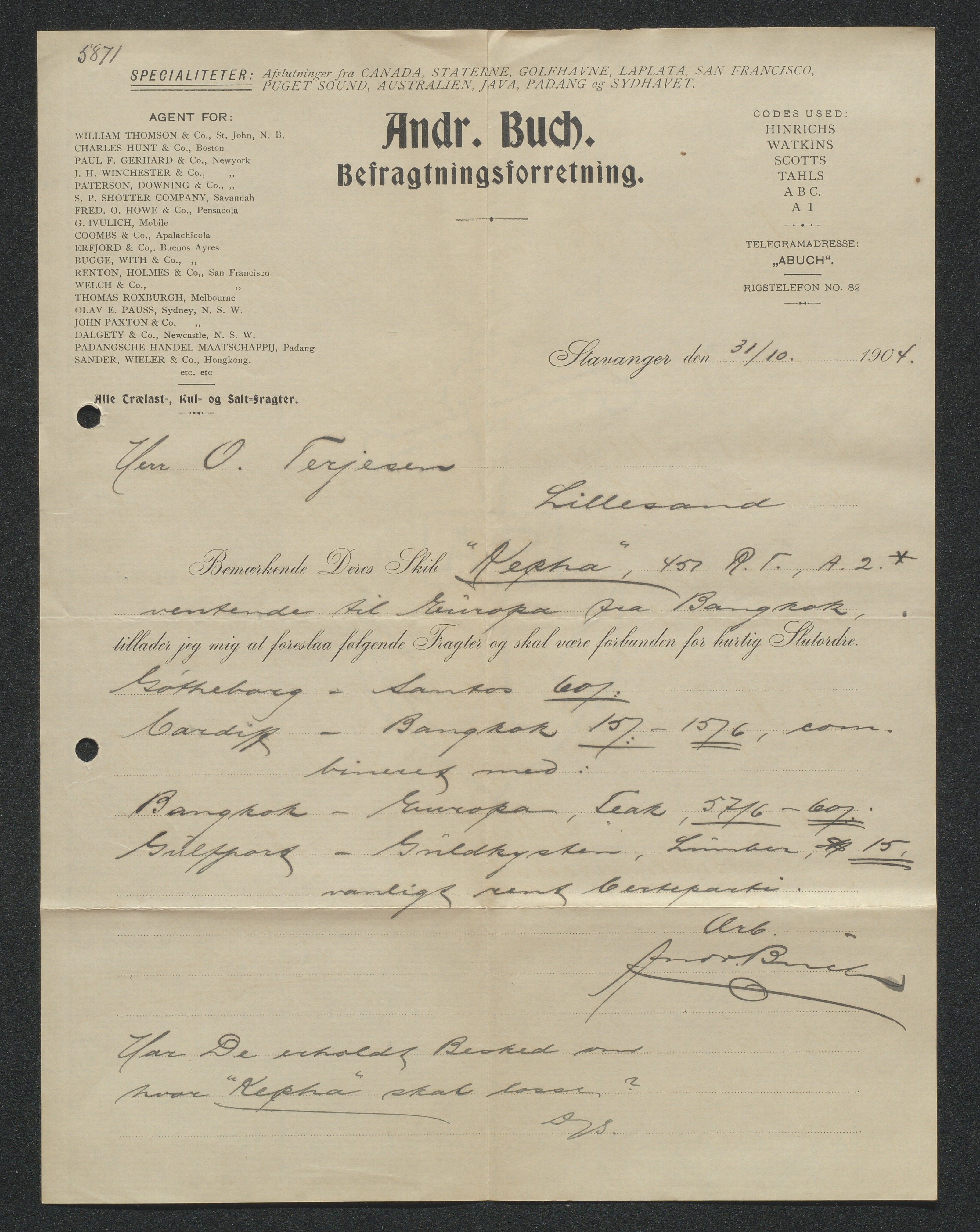 O. Terjesens rederi, AAKS/PA-2525/E/E01/L0013: Korrespondanse, 1904-1905