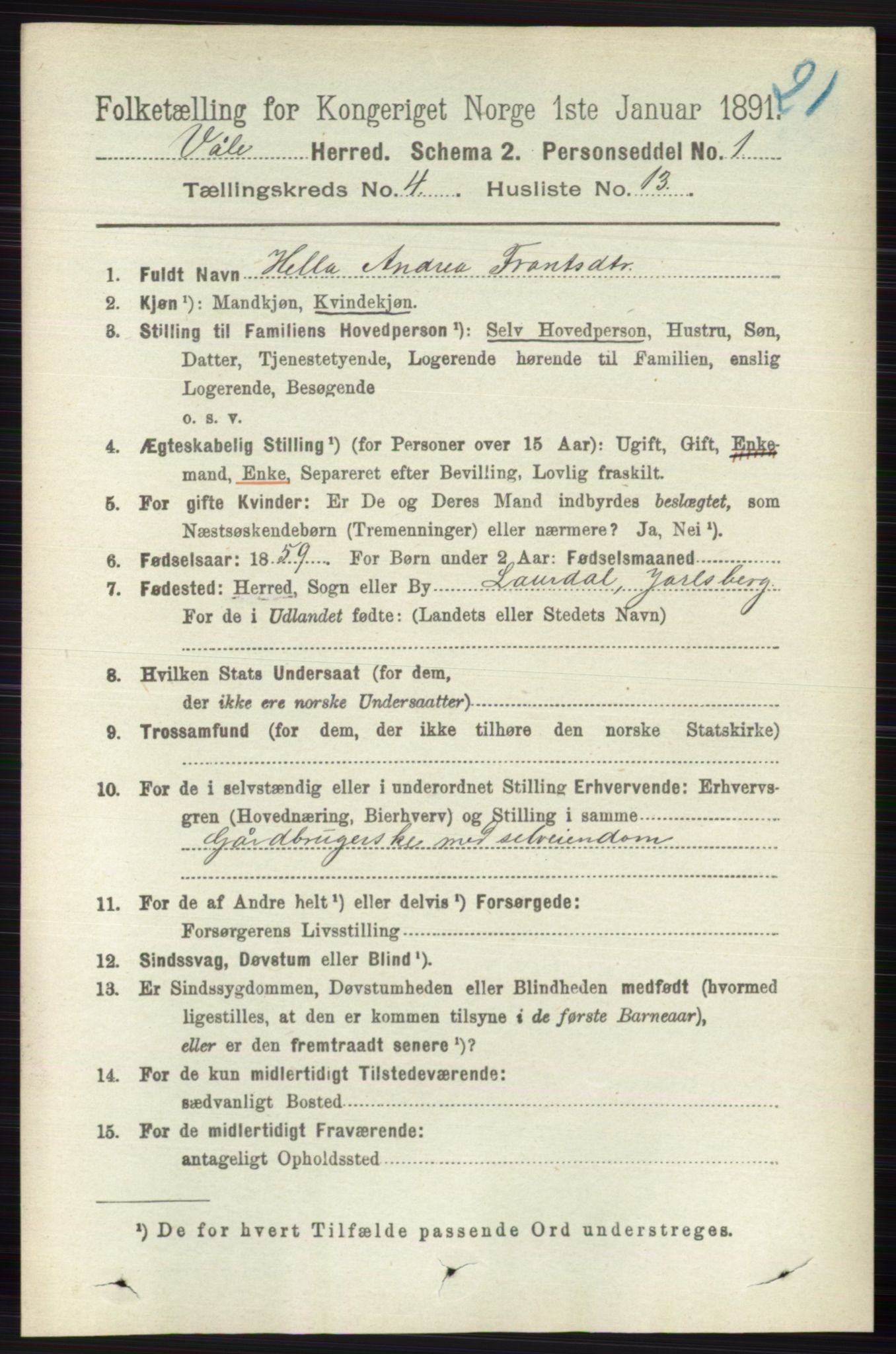 RA, 1891 census for 0716 Våle, 1891, p. 1058