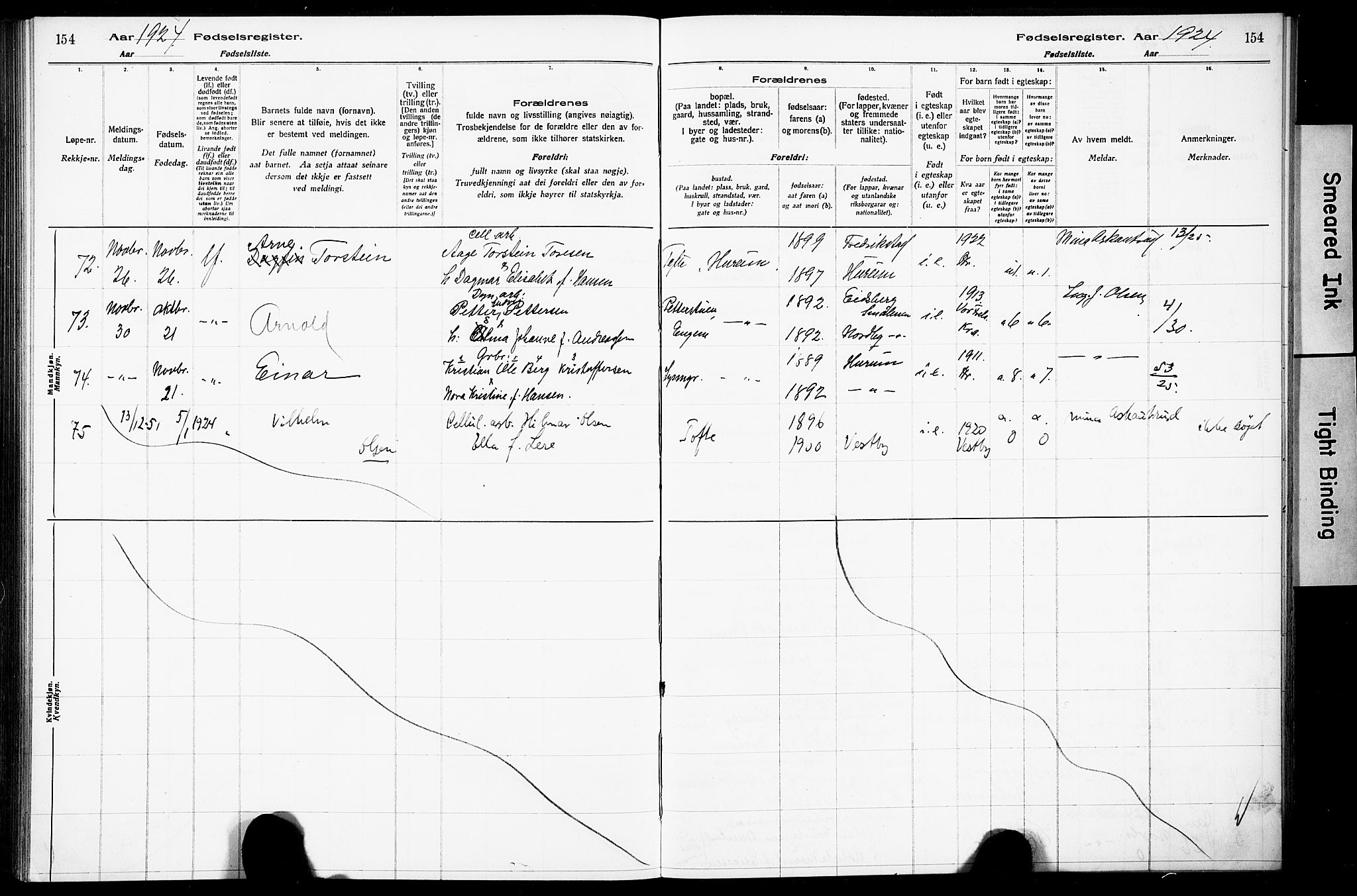 Hurum kirkebøker, AV/SAKO-A-229/J/Ja/L0001: Birth register no. 1, 1916-1928, p. 154