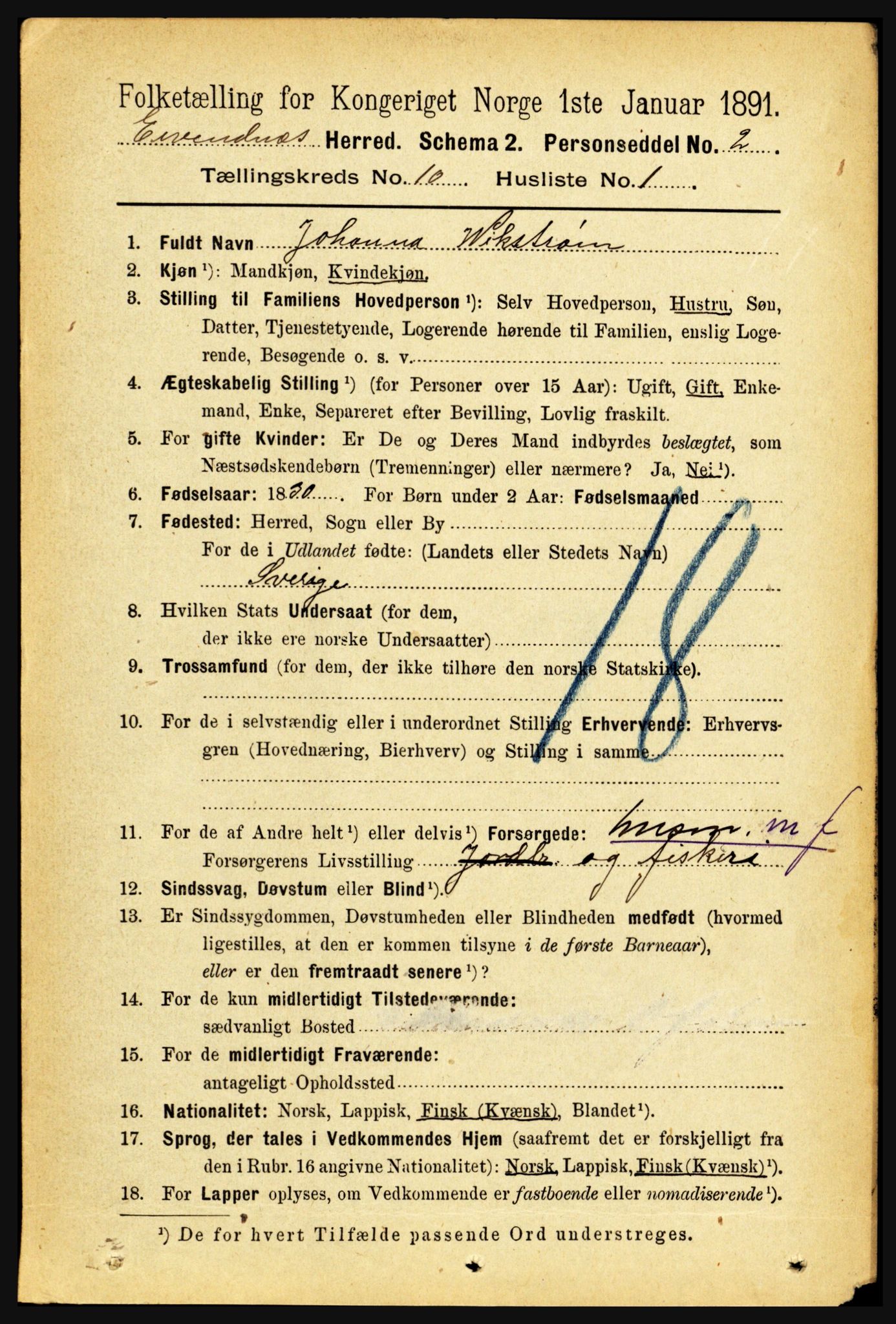 RA, 1891 census for 1853 Evenes, 1891, p. 3132