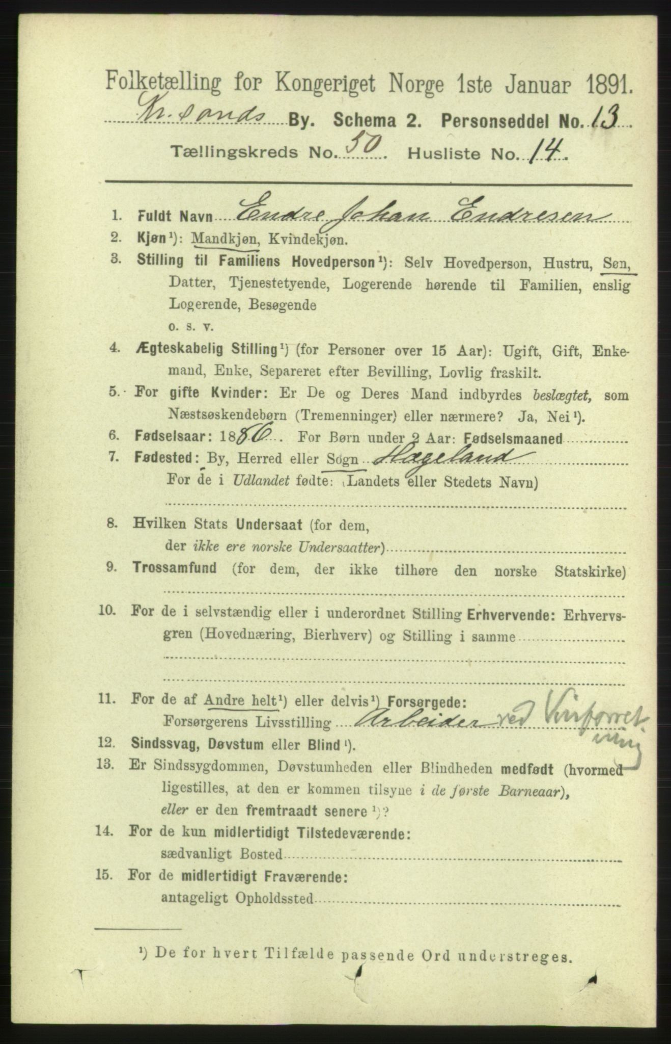 RA, 1891 census for 1001 Kristiansand, 1891, p. 15034