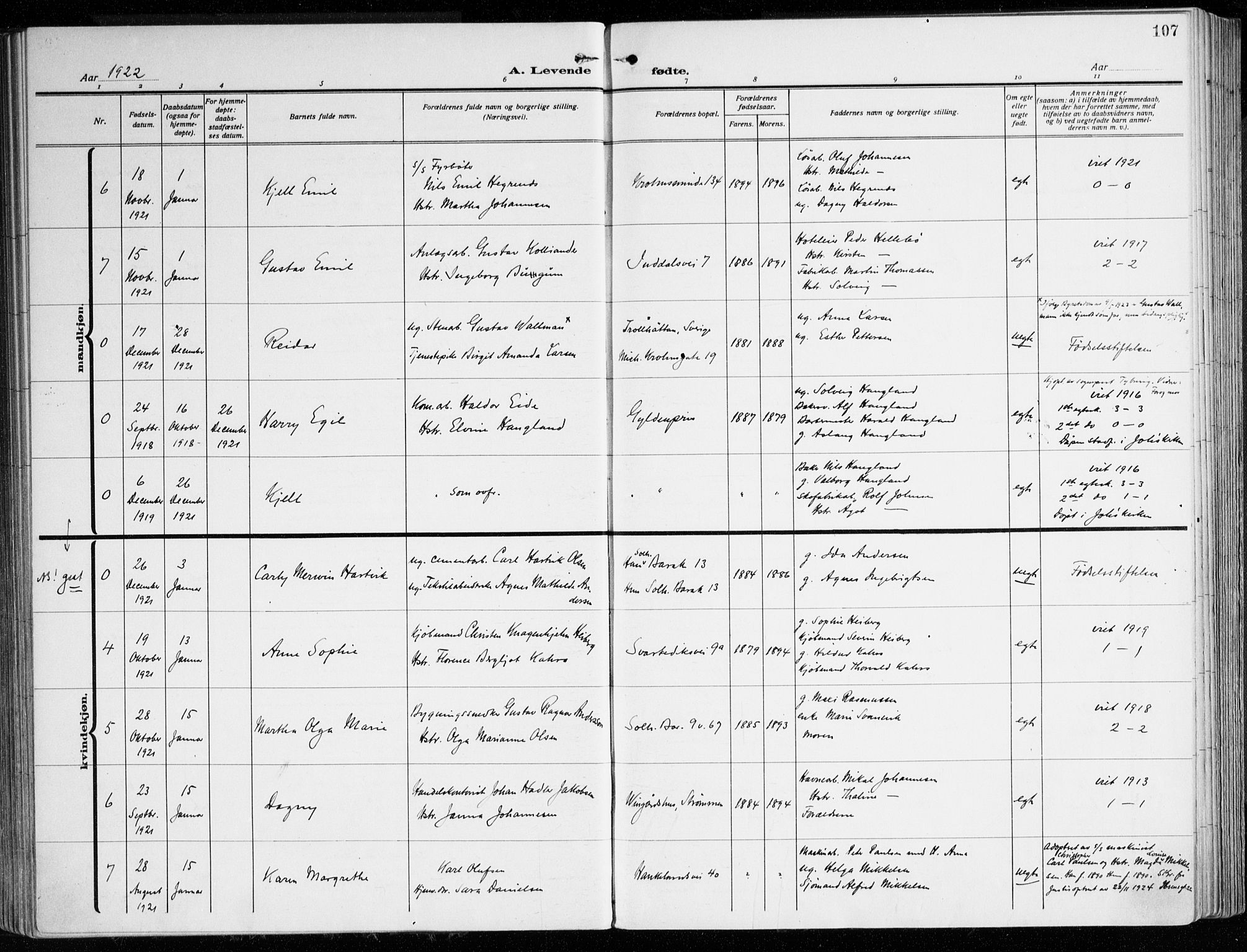 Årstad Sokneprestembete, AV/SAB-A-79301/H/Haa/L0004: Parish register (official) no. A 4, 1919-1928, p. 107