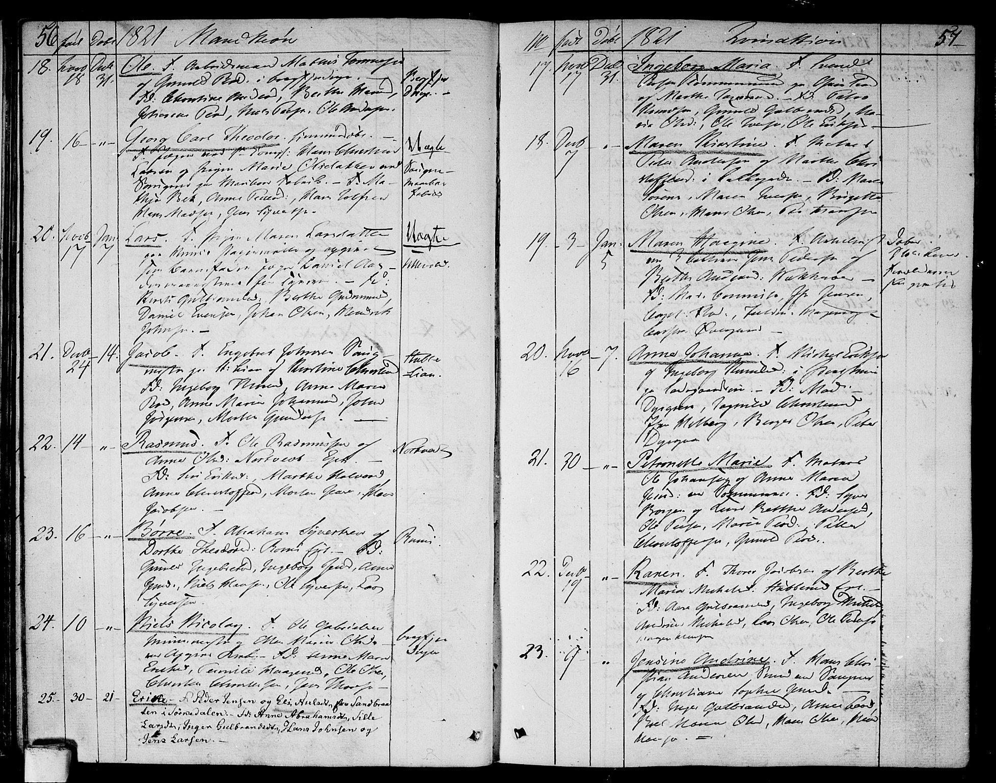 Aker prestekontor kirkebøker, AV/SAO-A-10861/F/L0012: Parish register (official) no. 12, 1819-1828, p. 56-57