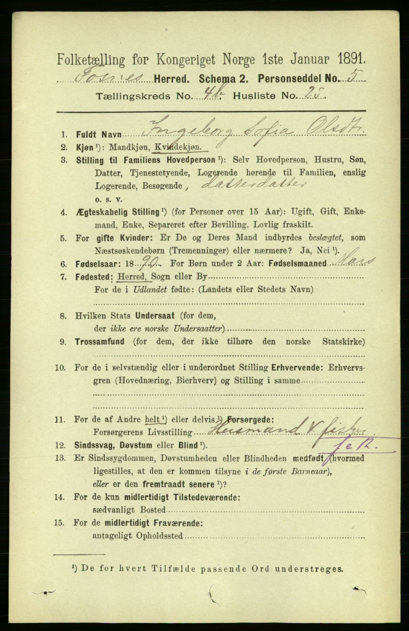 RA, 1891 census for 1748 Fosnes, 1891, p. 1884