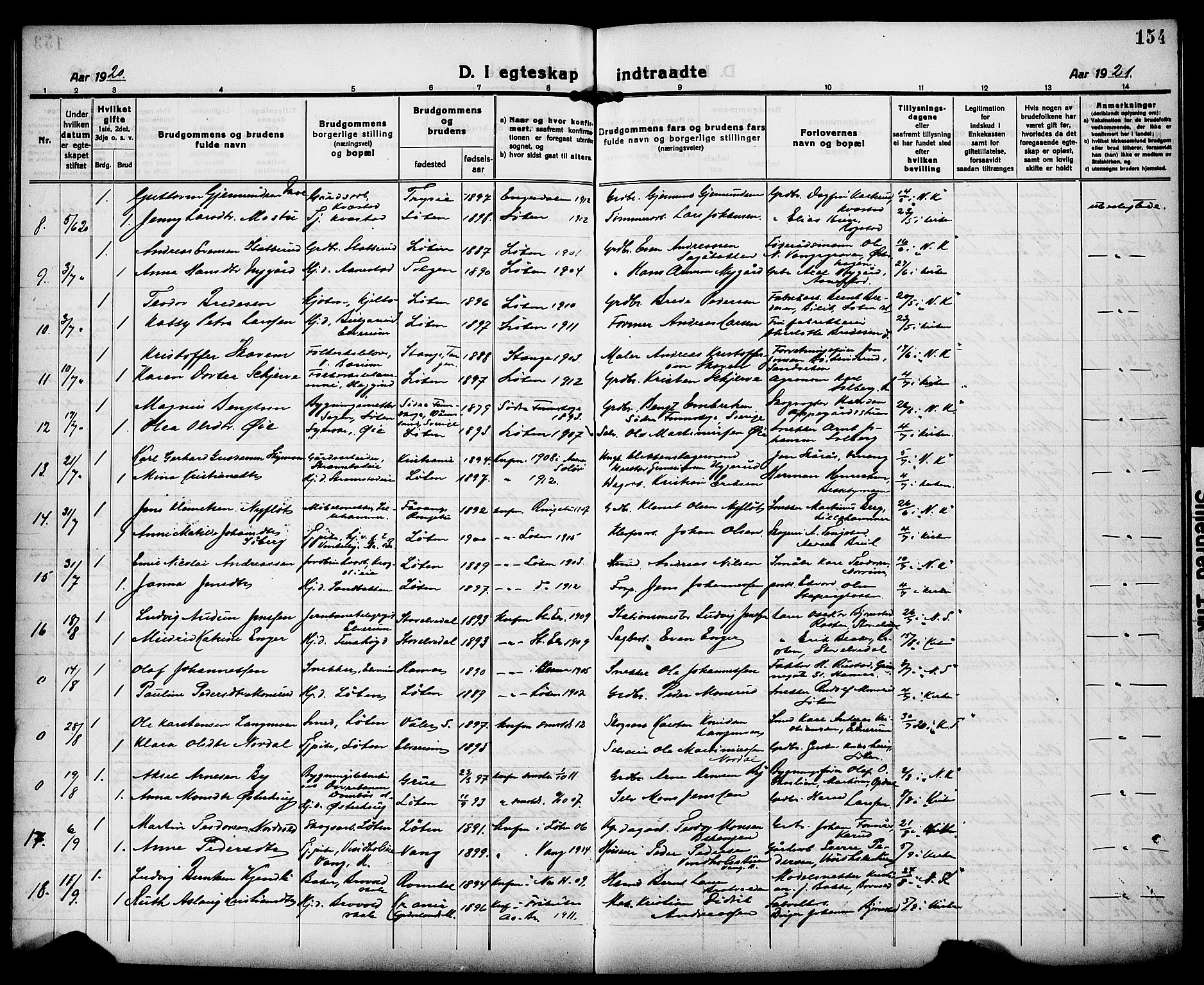 Løten prestekontor, AV/SAH-PREST-022/L/La/L0008: Parish register (copy) no. 8, 1920-1929, p. 154