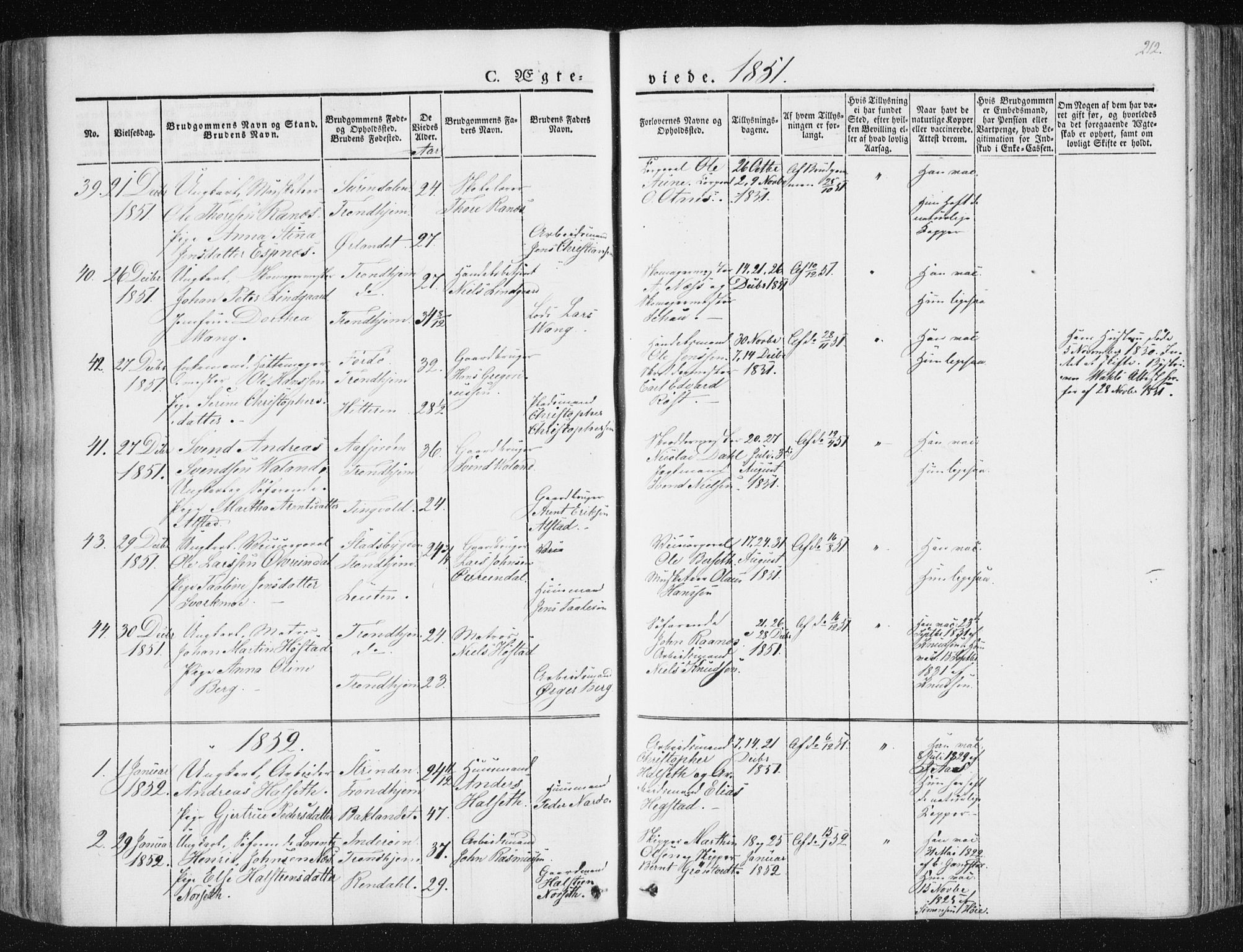 Ministerialprotokoller, klokkerbøker og fødselsregistre - Sør-Trøndelag, AV/SAT-A-1456/602/L0110: Parish register (official) no. 602A08, 1840-1854, p. 212