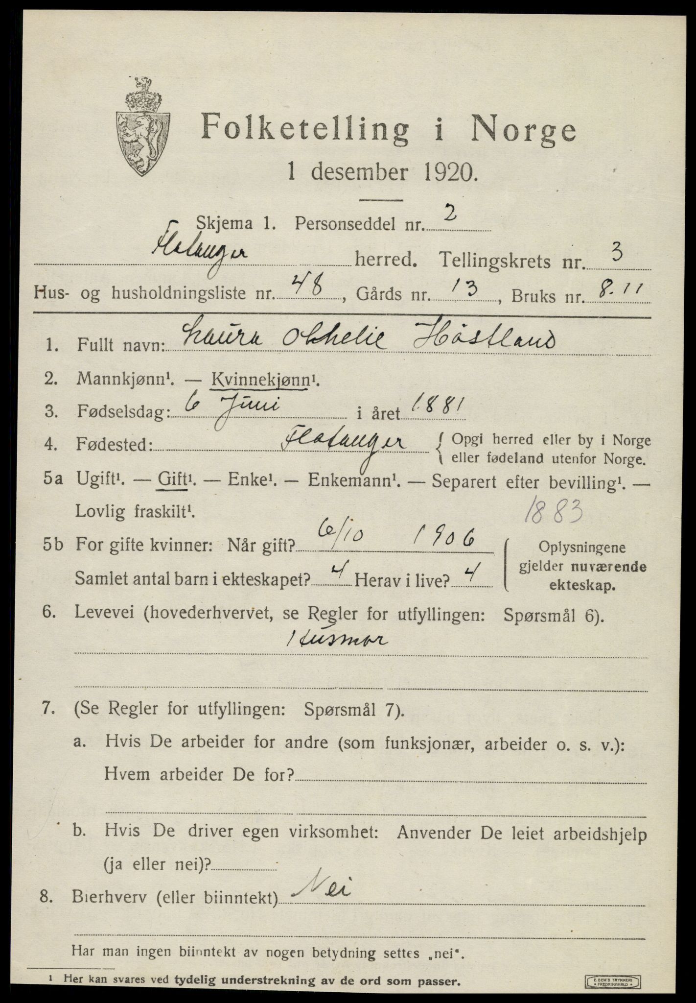 SAT, 1920 census for Flatanger, 1920, p. 2166