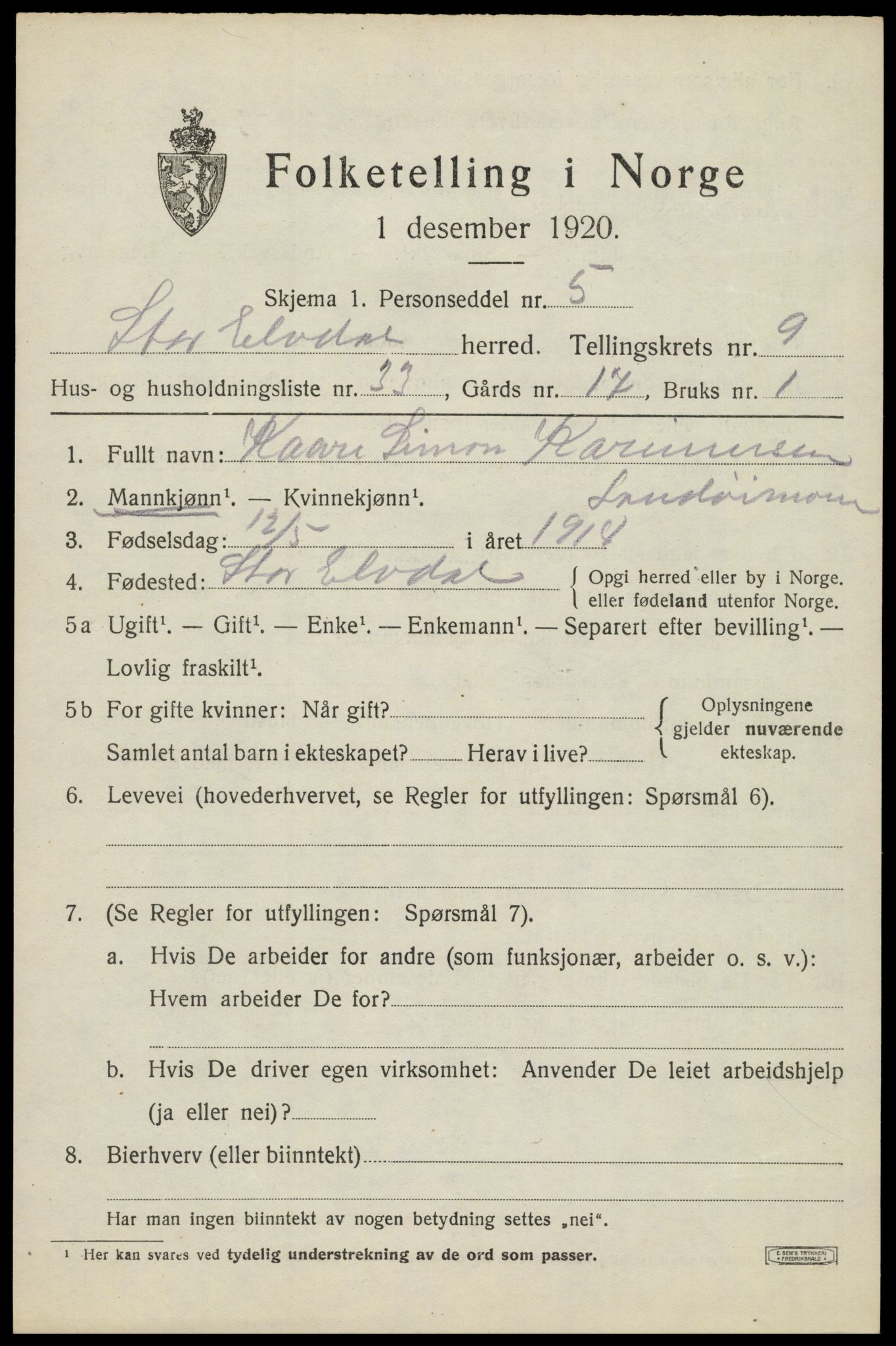 SAH, 1920 census for Stor-Elvdal, 1920, p. 8876