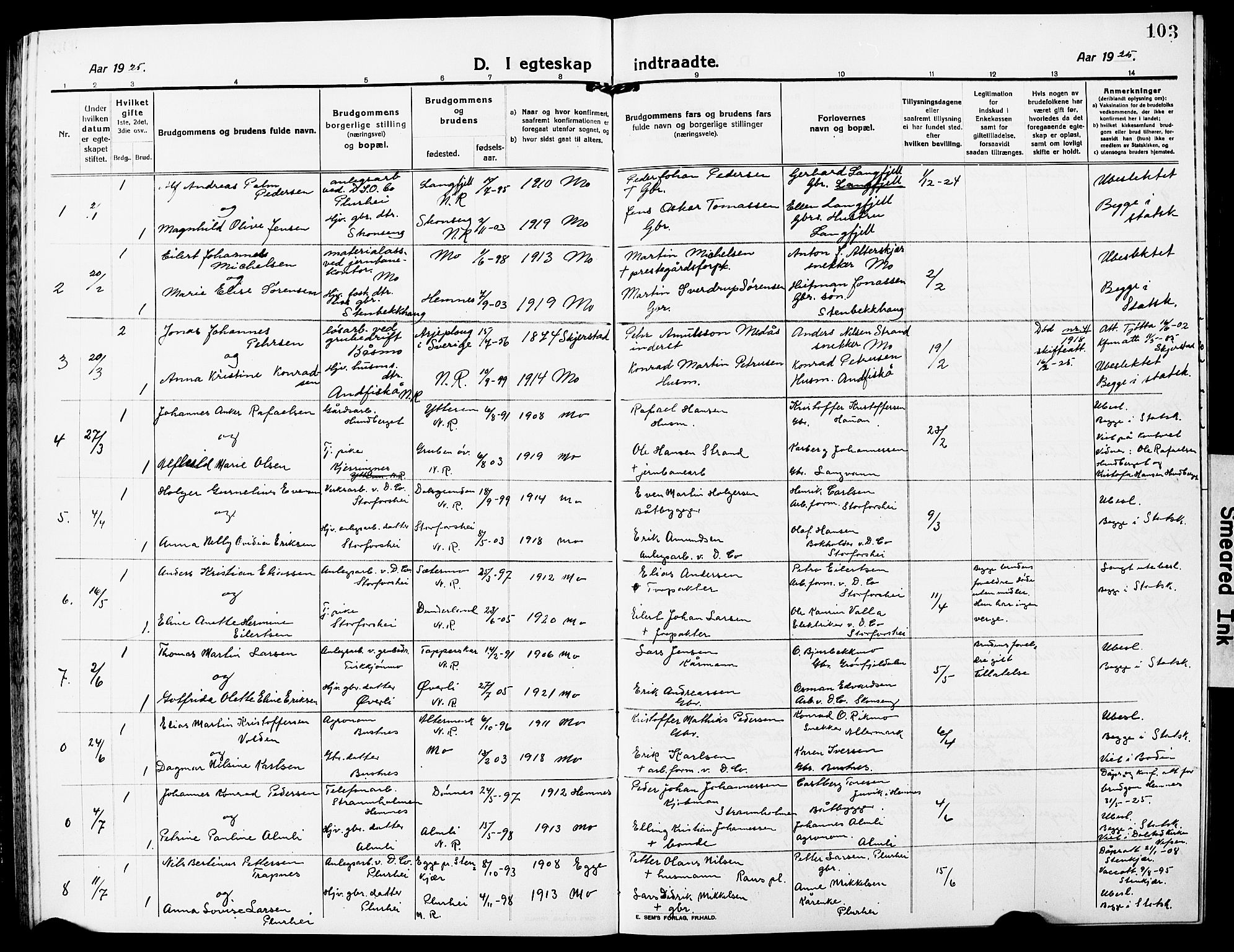 Ministerialprotokoller, klokkerbøker og fødselsregistre - Nordland, AV/SAT-A-1459/827/L0424: Parish register (copy) no. 827C13, 1921-1930, p. 103