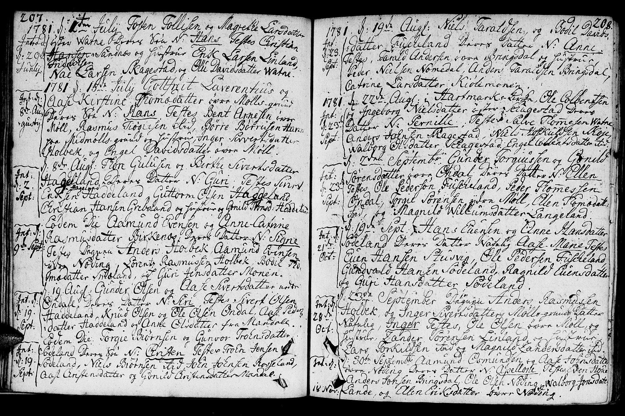 Holum sokneprestkontor, AV/SAK-1111-0022/F/Fa/Faa/L0003: Parish register (official) no. A 3, 1780-1821, p. 207-208