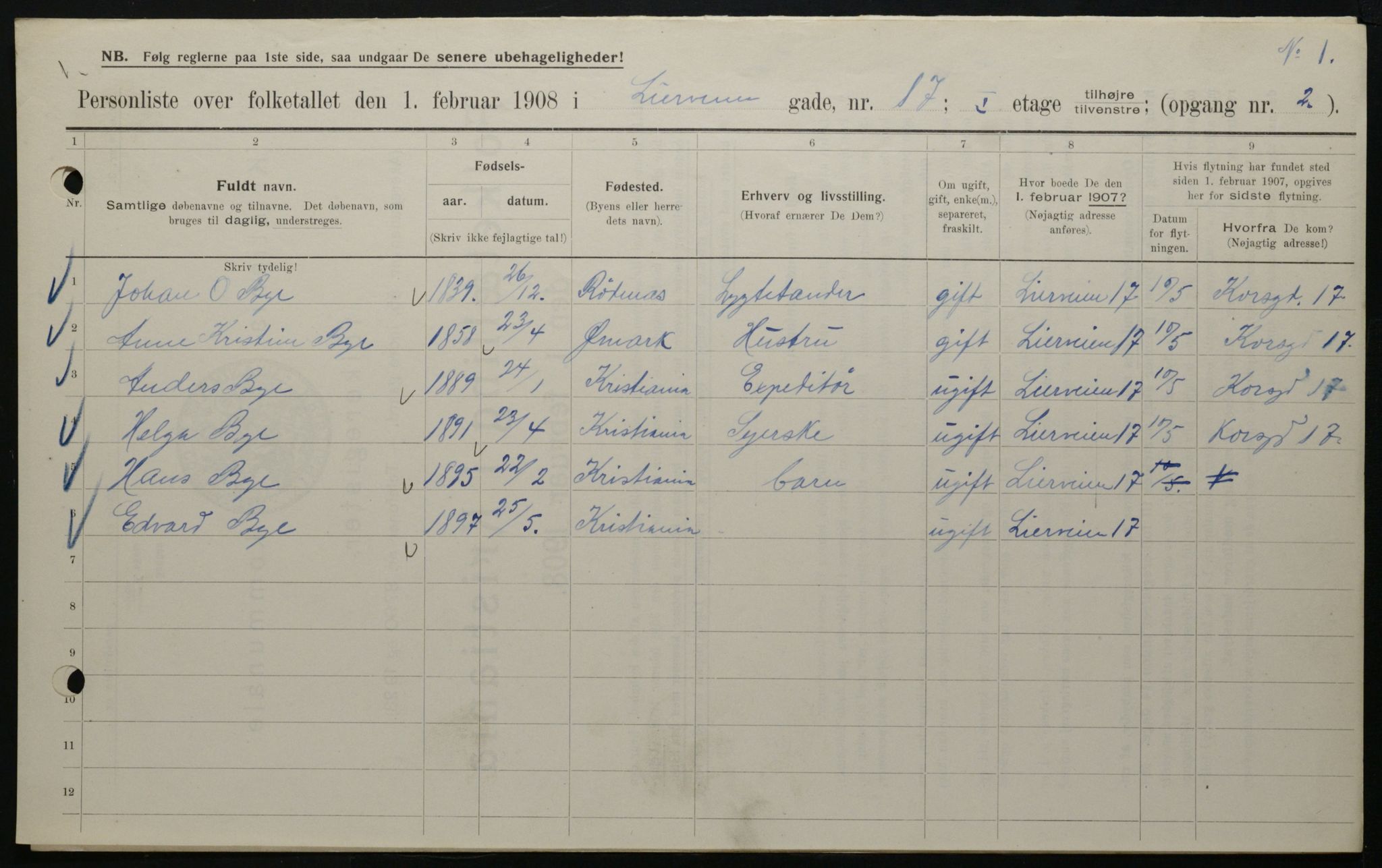 OBA, Municipal Census 1908 for Kristiania, 1908, p. 51618