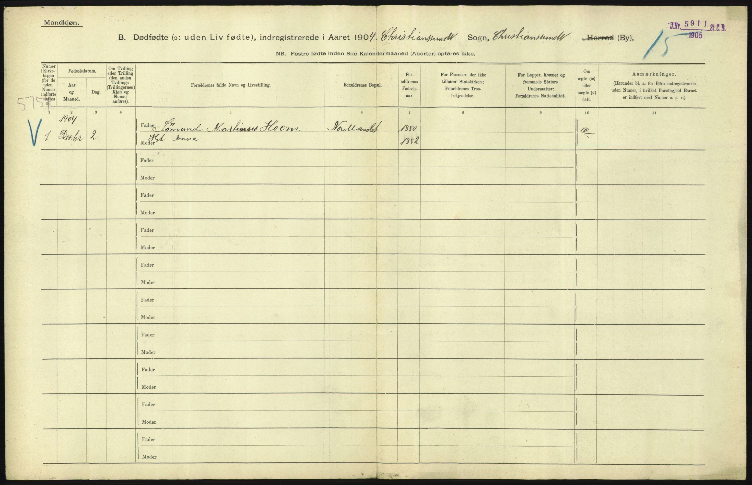 Statistisk sentralbyrå, Sosiodemografiske emner, Befolkning, RA/S-2228/D/Df/Dfa/Dfab/L0027: Smålenes amt - Finnmarkens amt: Dødfødte. Byer, 1904, p. 179