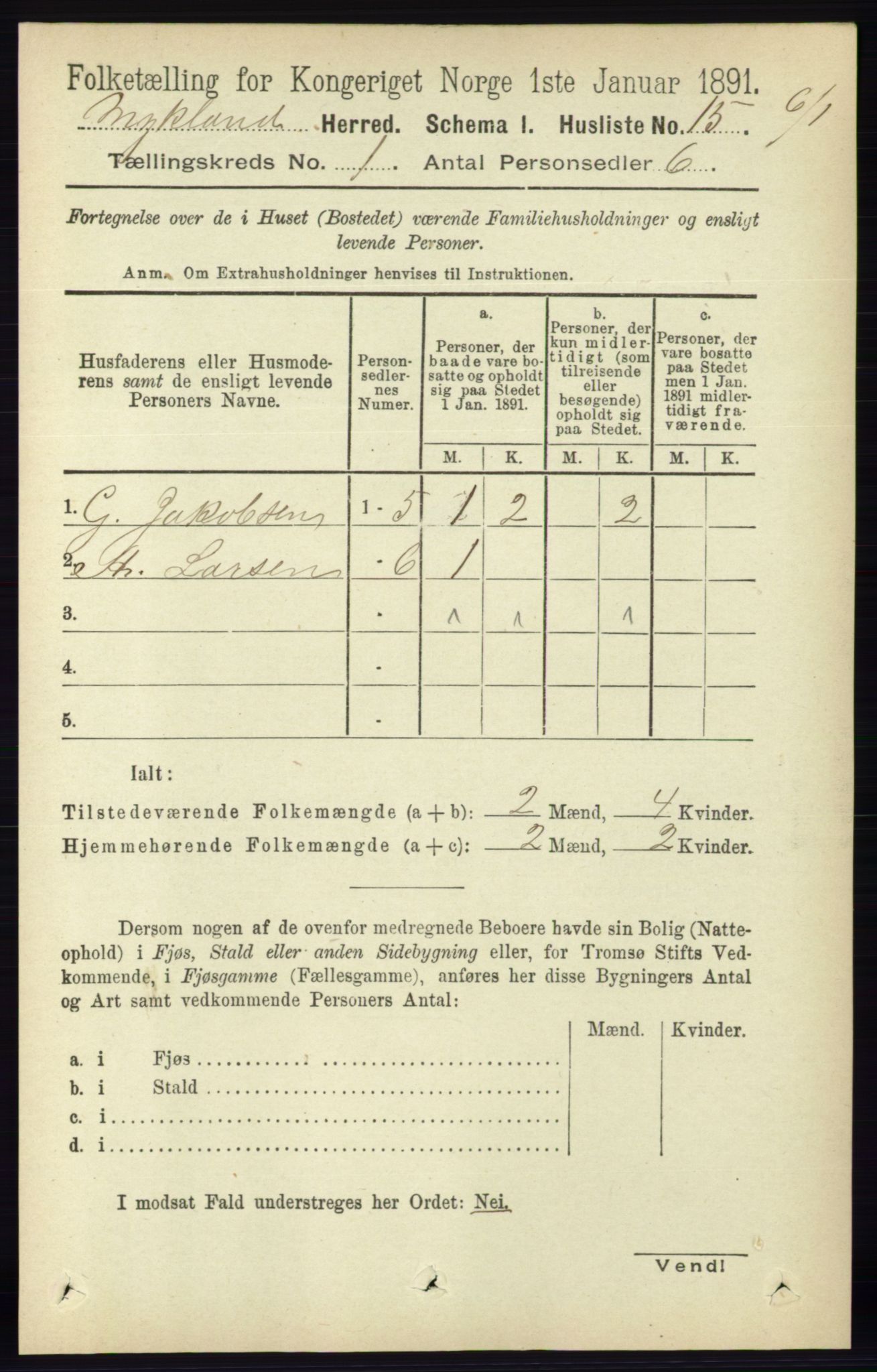 RA, 1891 census for 0932 Mykland, 1891, p. 26