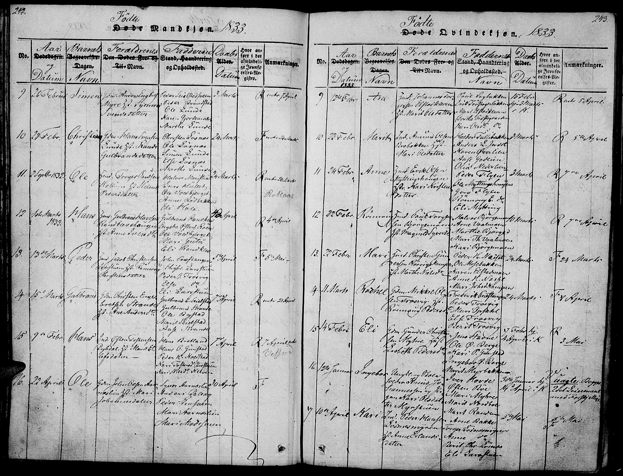 Ringebu prestekontor, SAH/PREST-082/H/Ha/Haa/L0004: Parish register (official) no. 4, 1821-1839, p. 242-243