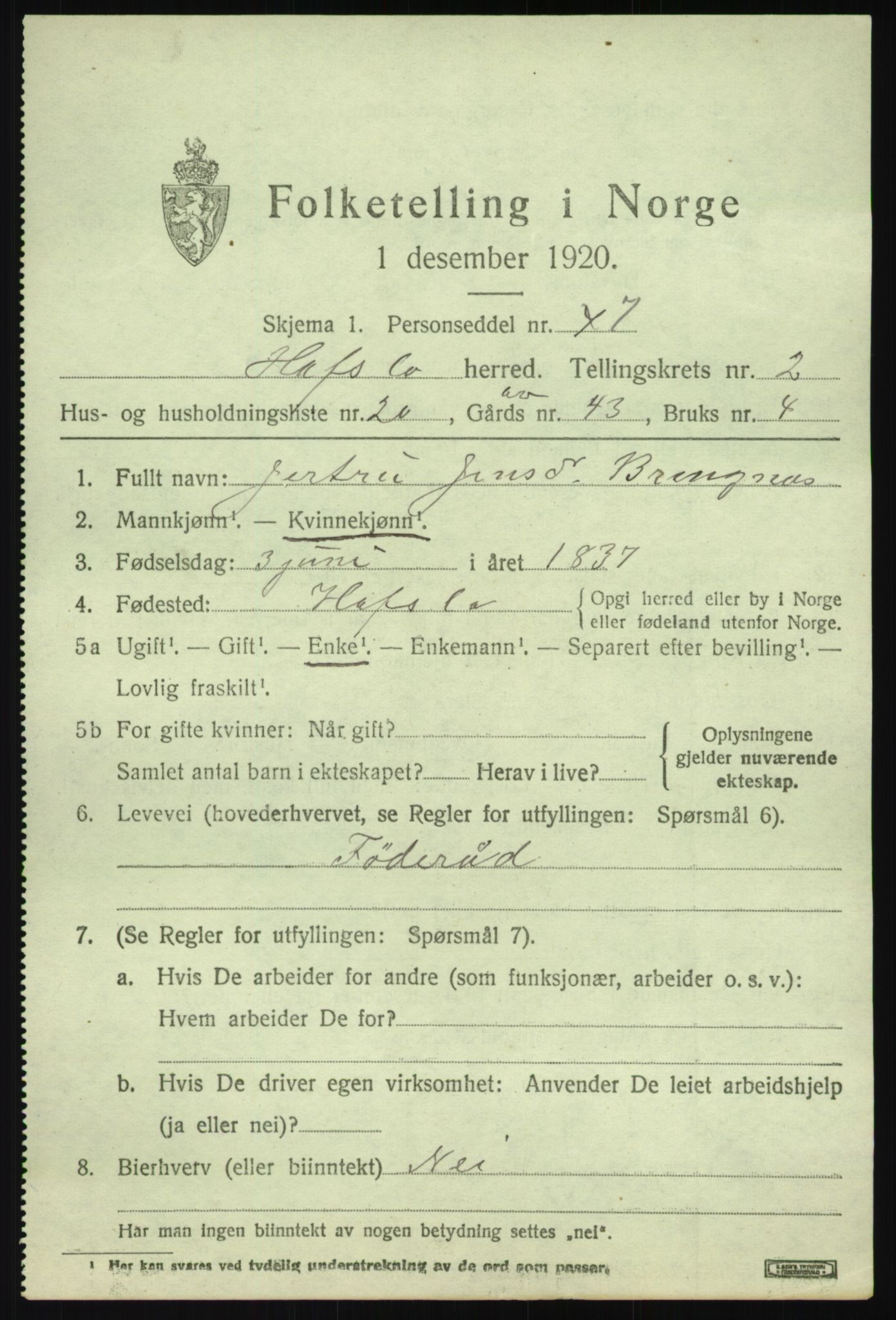 SAB, 1920 census for Hafslo, 1920, p. 2046