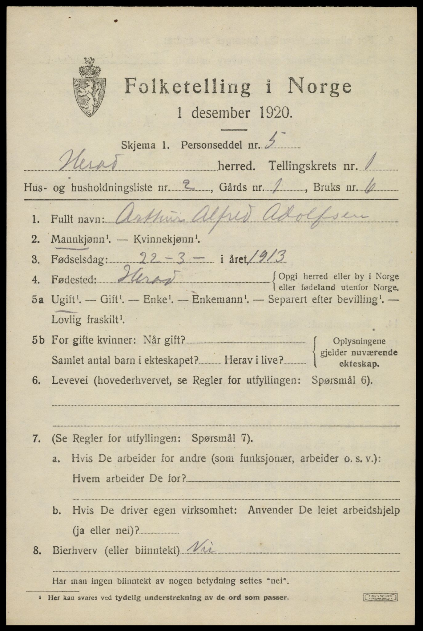 SAK, 1920 census for Herad, 1920, p. 446