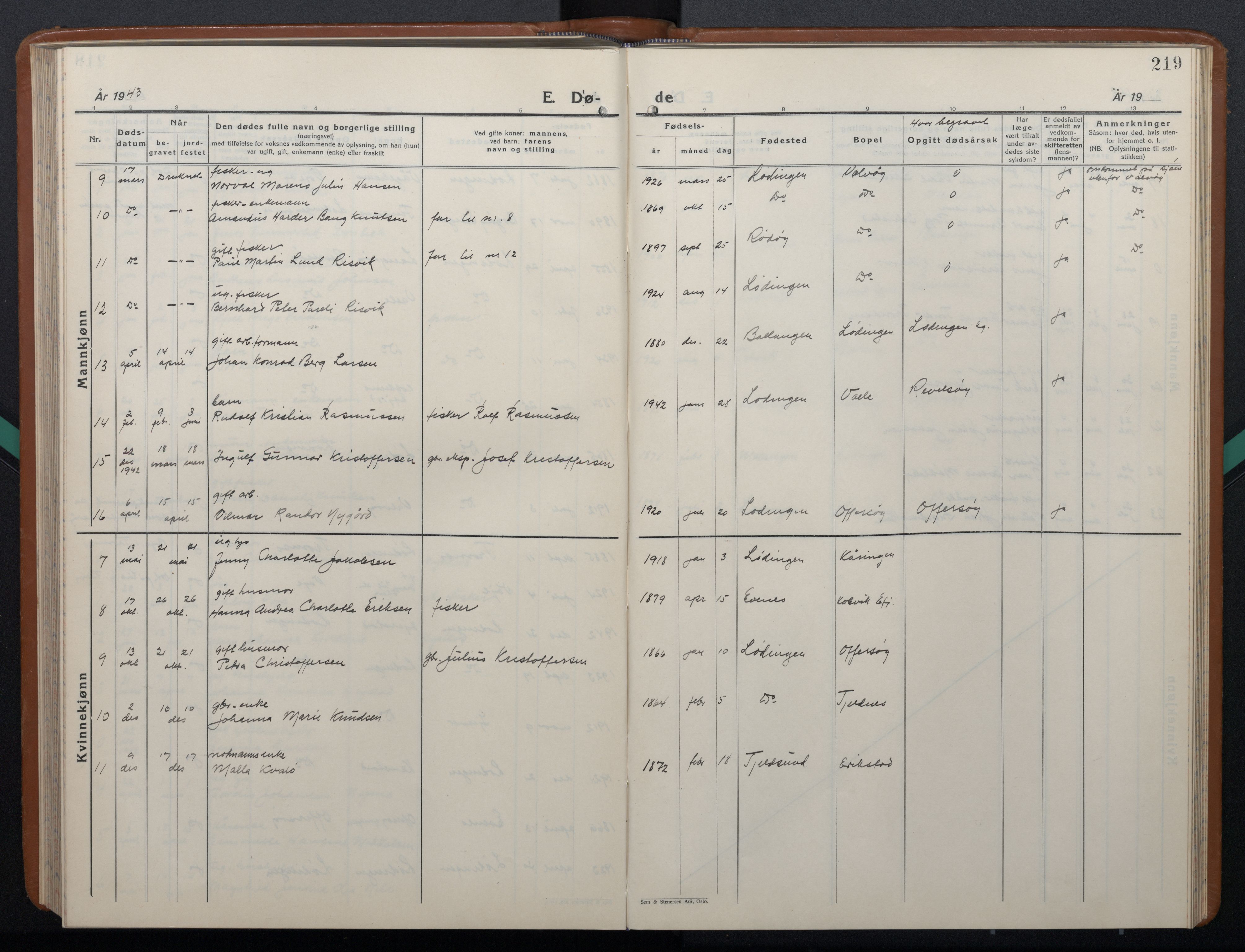 Ministerialprotokoller, klokkerbøker og fødselsregistre - Nordland, AV/SAT-A-1459/872/L1051: Parish register (copy) no. 872C07, 1939-1947, p. 219