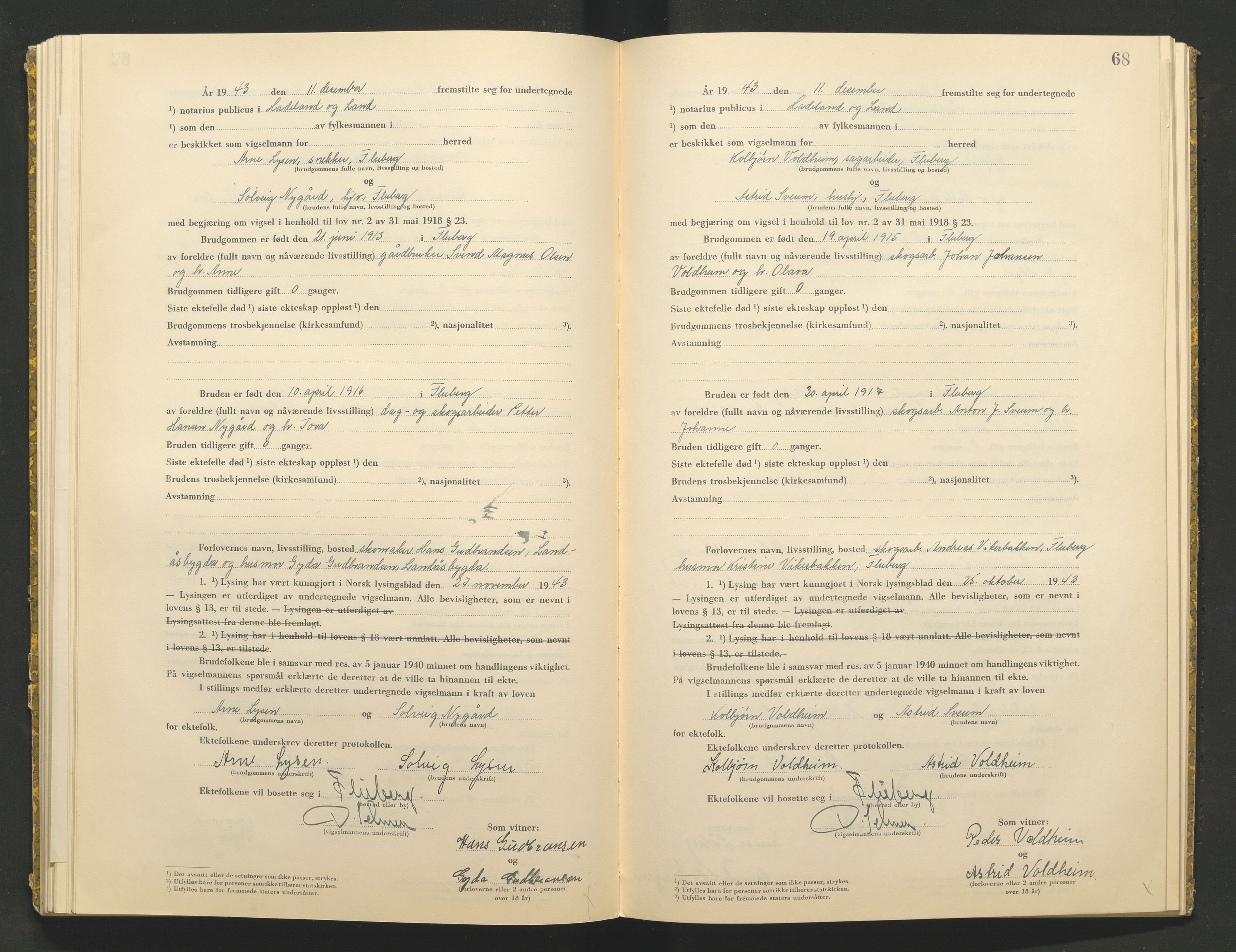 Hadeland og Land tingrett, AV/SAH-TING-010/L/Lb/L0002: Vigselbok, 1943-1944, p. 68