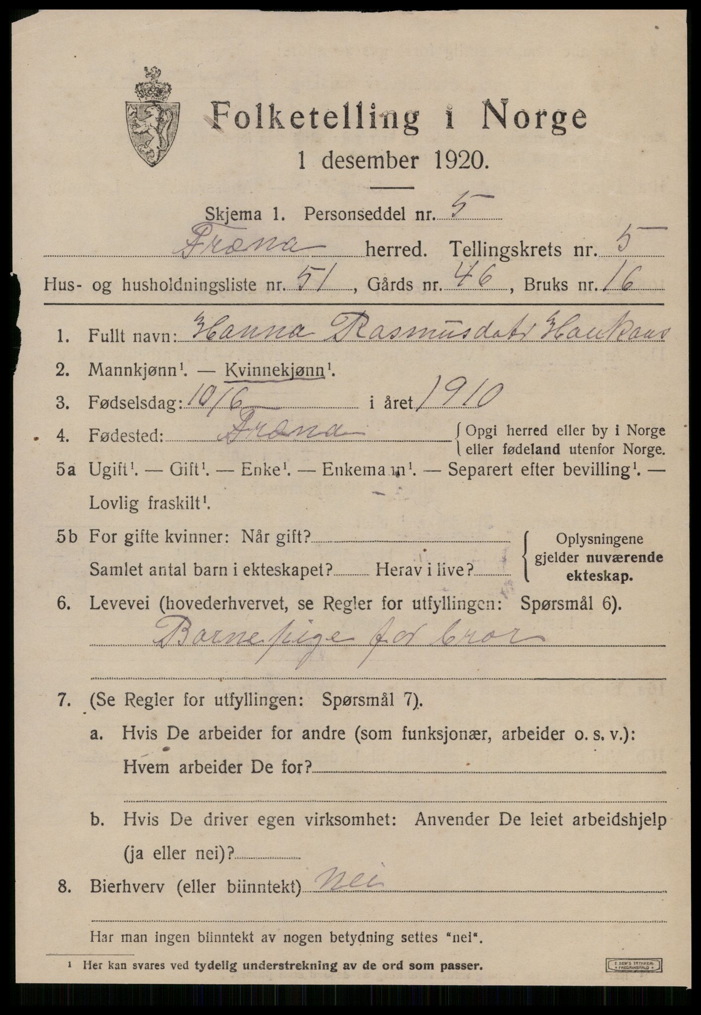 SAT, 1920 census for Fræna, 1920, p. 4051