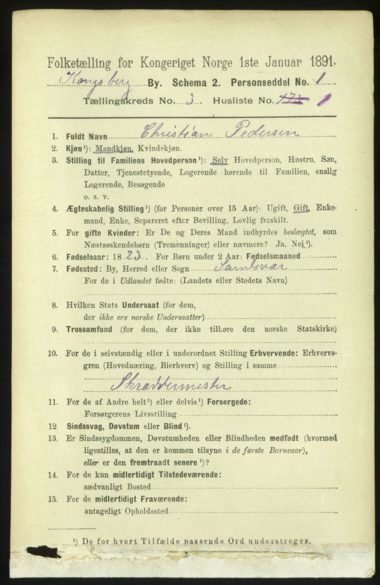 RA, 1891 census for 0604 Kongsberg, 1891, p. 2766