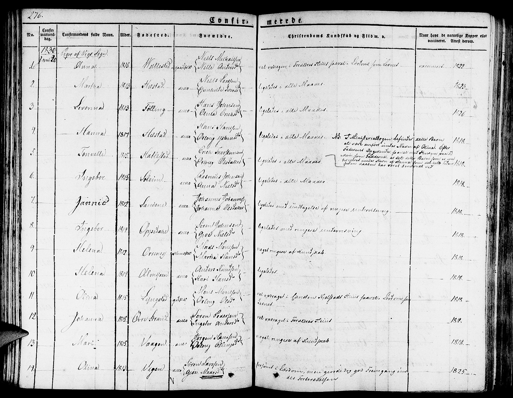 Gaular sokneprestembete, AV/SAB-A-80001/H/Haa: Parish register (official) no. A 3, 1821-1840, p. 276