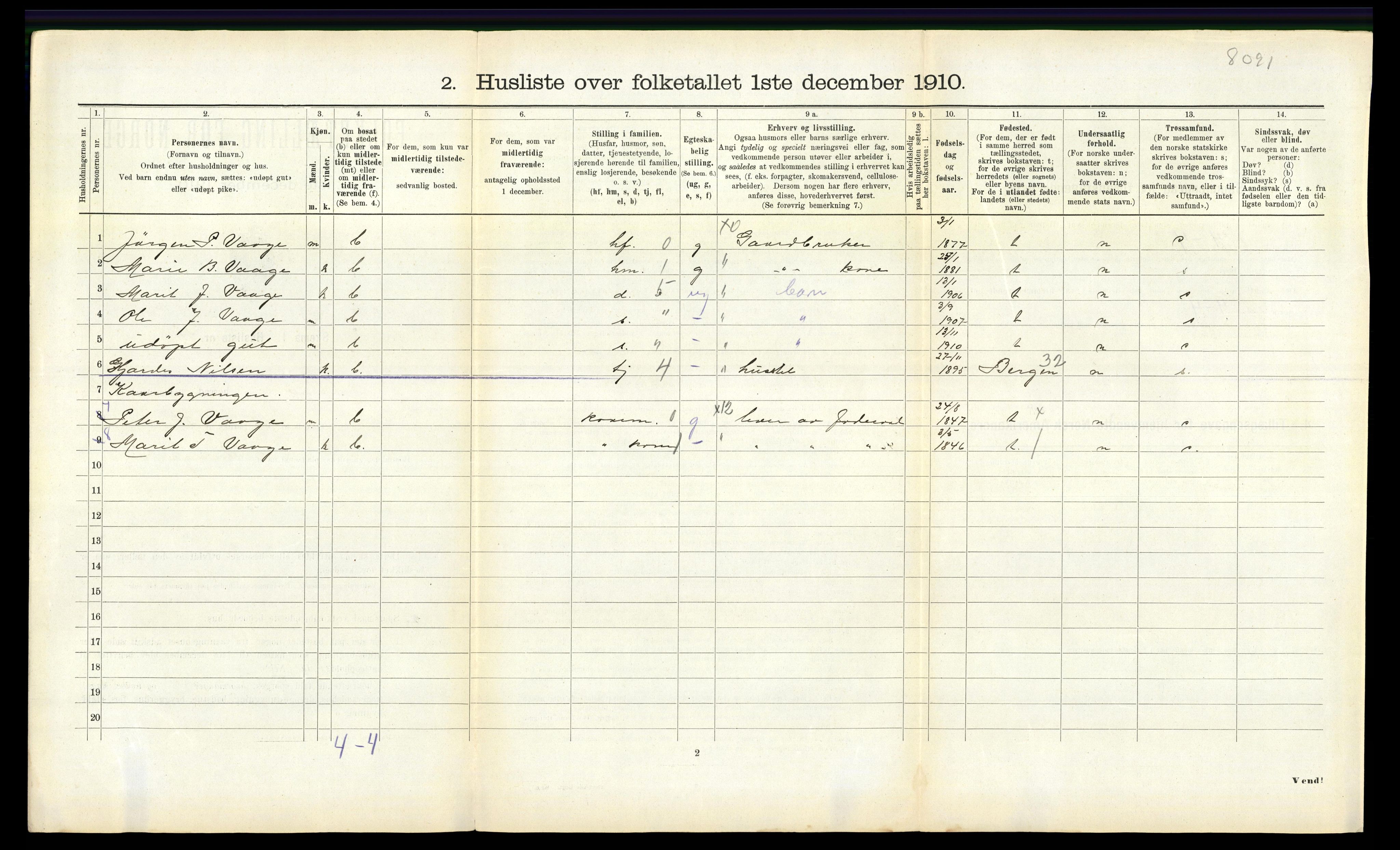 RA, 1910 census for Veøy, 1910, p. 711