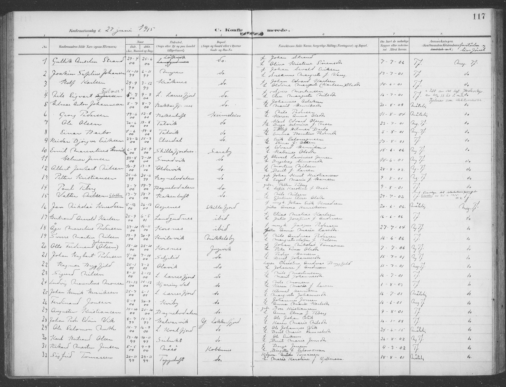 Talvik sokneprestkontor, SATØ/S-1337/H/Ha/L0017kirke: Parish register (official) no. 17, 1906-1915, p. 117