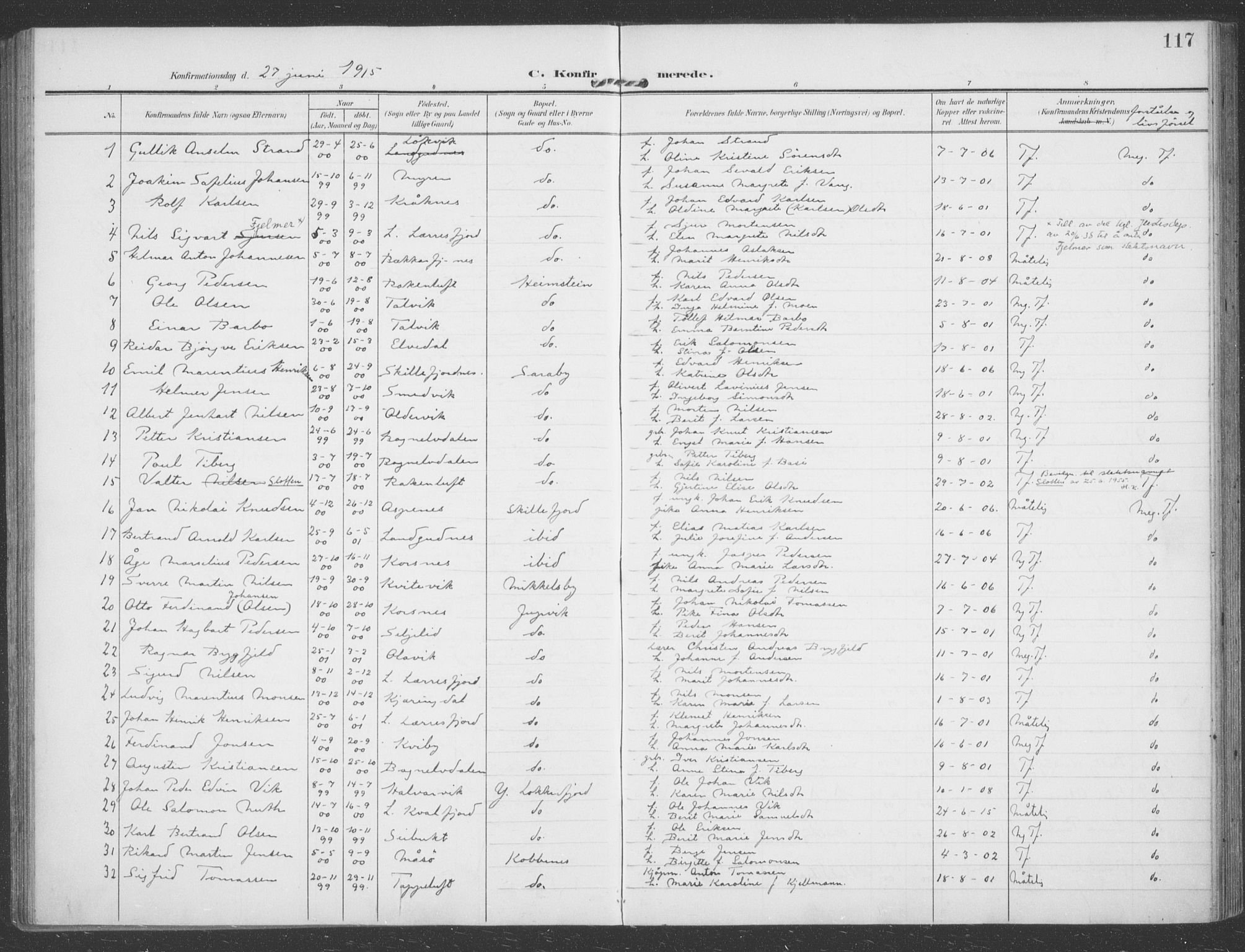 Talvik sokneprestkontor, AV/SATØ-S-1337/H/Ha/L0017kirke: Parish register (official) no. 17, 1906-1915, p. 117