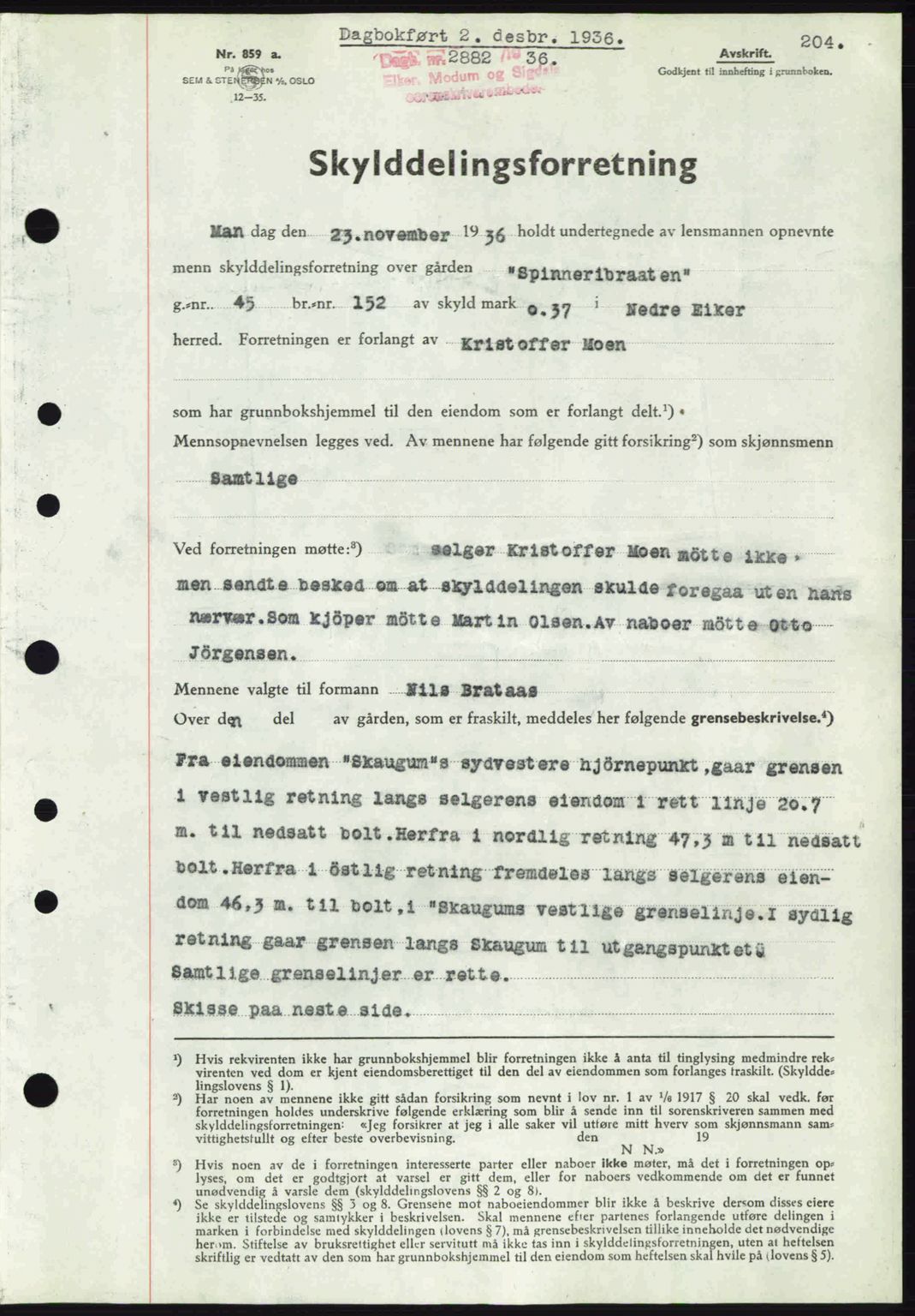 Eiker, Modum og Sigdal sorenskriveri, SAKO/A-123/G/Ga/Gab/L0034: Mortgage book no. A4, 1936-1937, Diary no: : 2882/1936