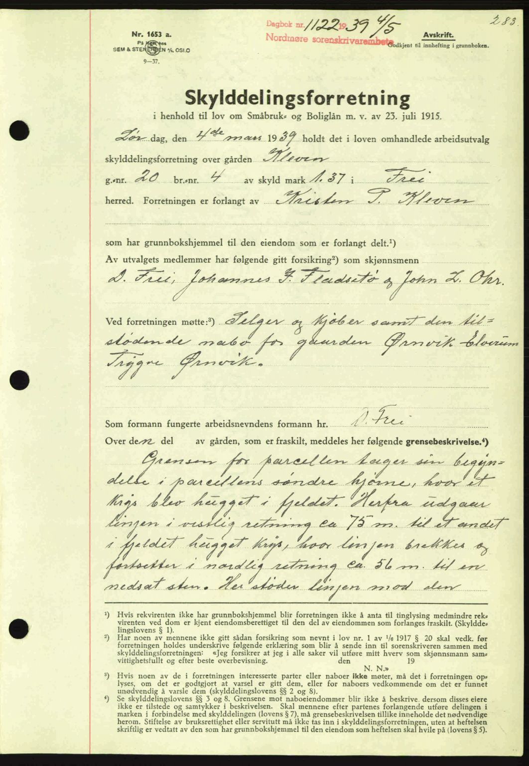 Nordmøre sorenskriveri, AV/SAT-A-4132/1/2/2Ca: Mortgage book no. A86, 1939-1939, Diary no: : 1122/1939