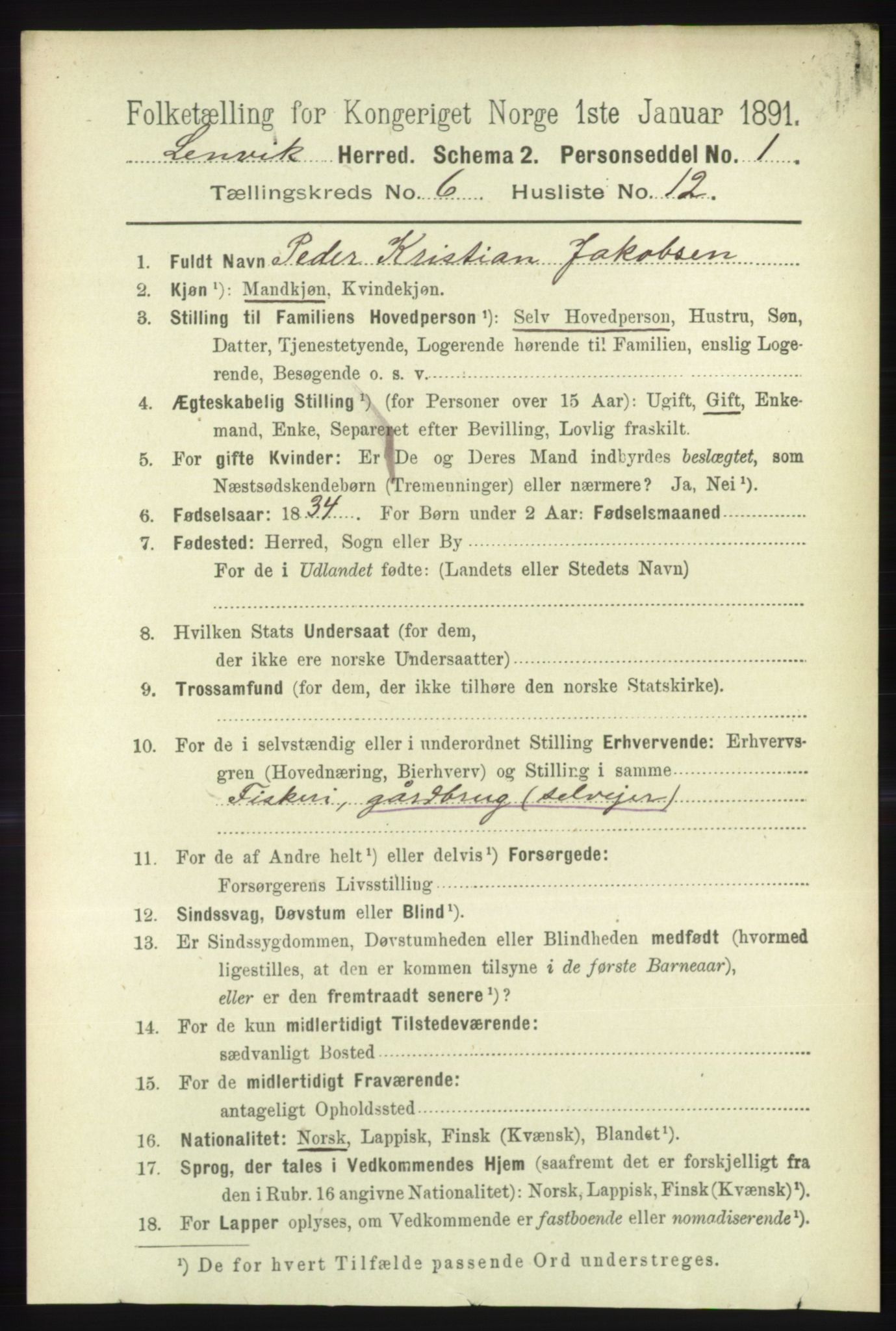 RA, 1891 census for 1931 Lenvik, 1891, p. 3299