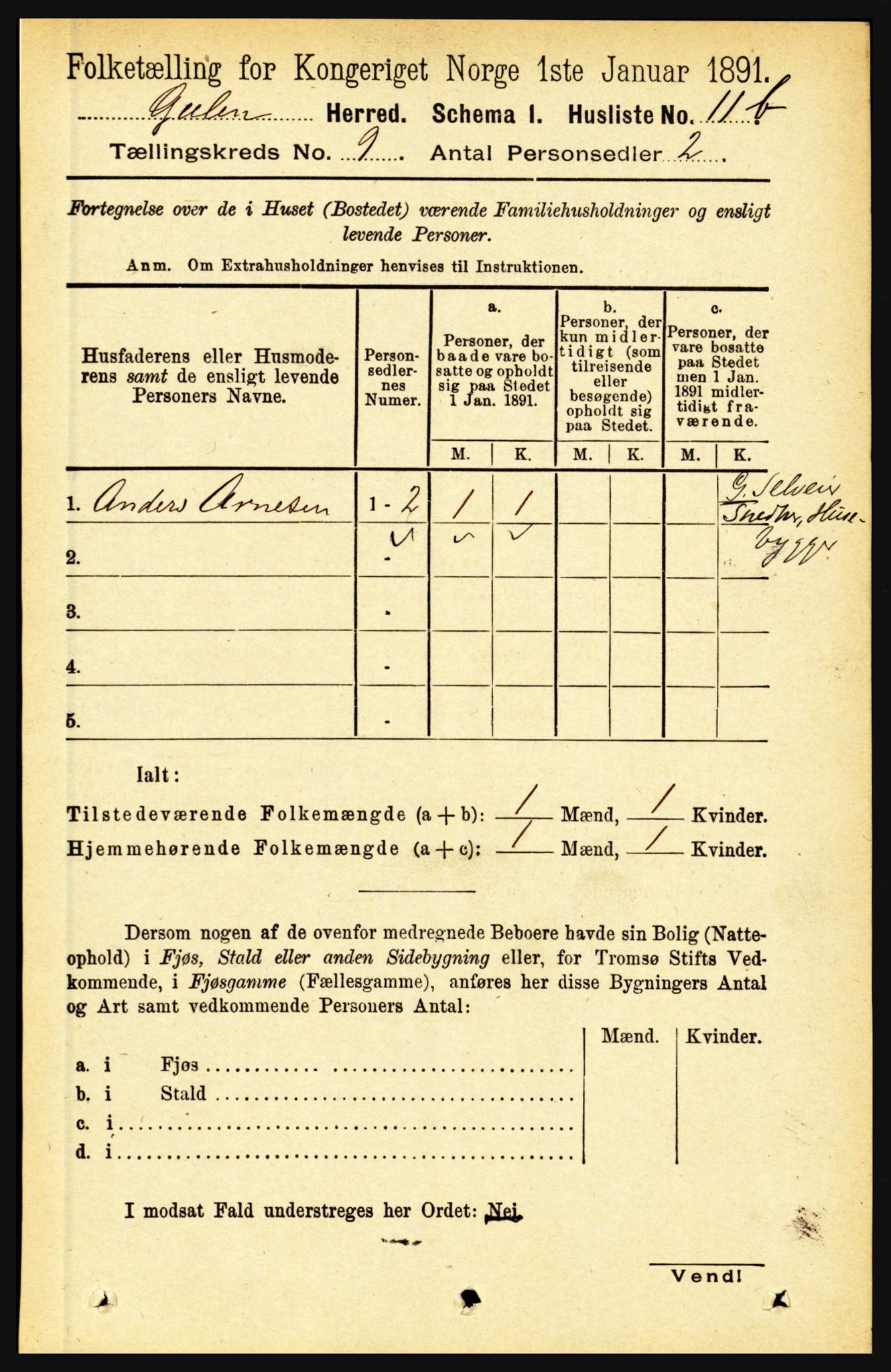 RA, 1891 census for 1411 Gulen, 1891, p. 2716