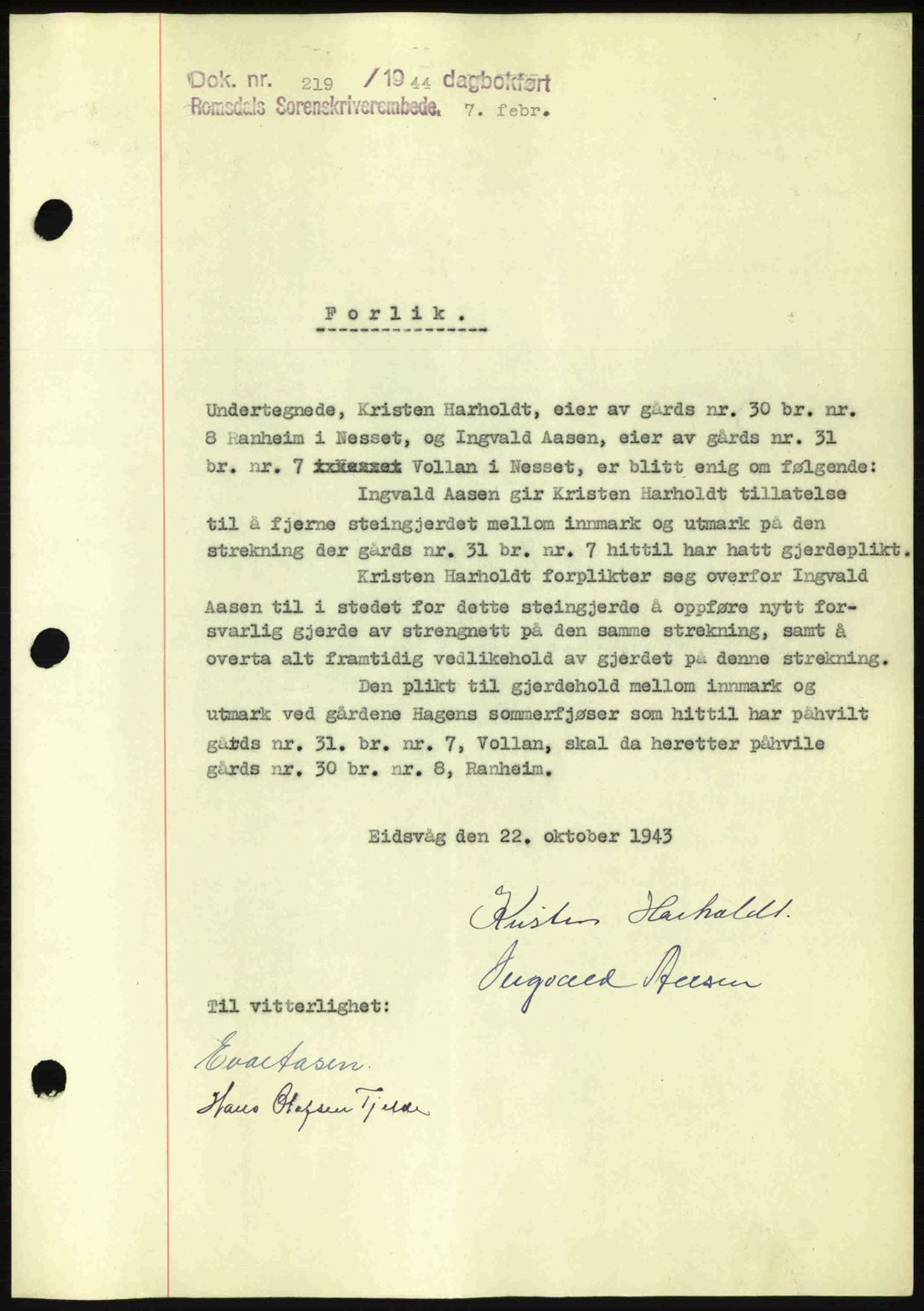 Romsdal sorenskriveri, AV/SAT-A-4149/1/2/2C: Mortgage book no. A15, 1943-1944, Diary no: : 219/1944