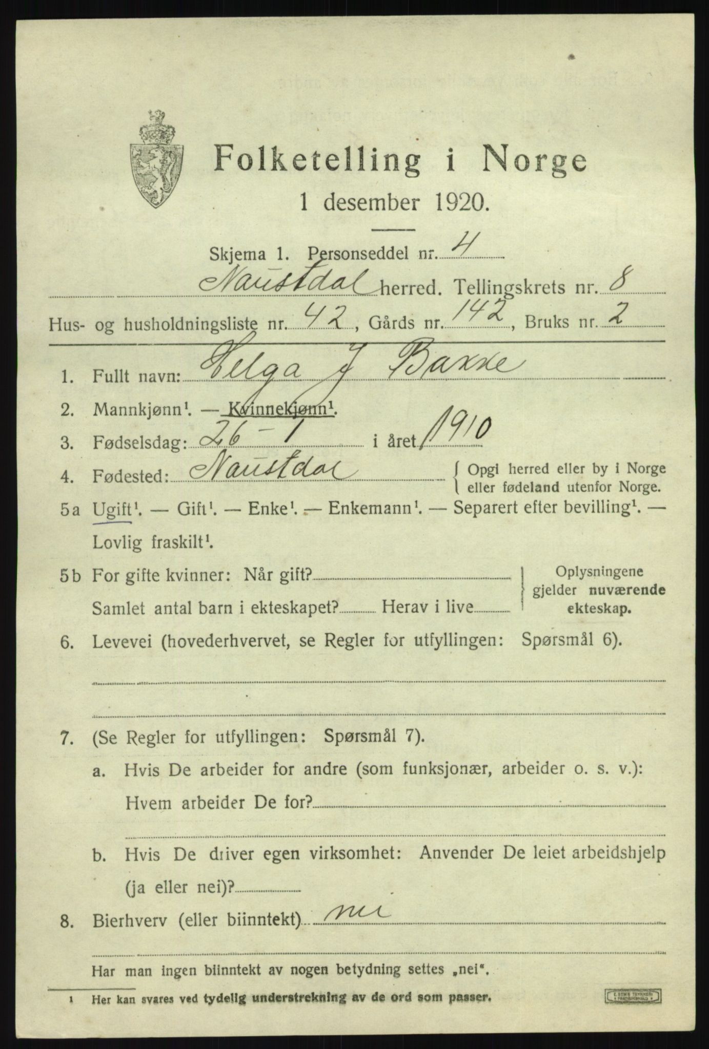 SAB, 1920 census for Naustdal, 1920, p. 5341