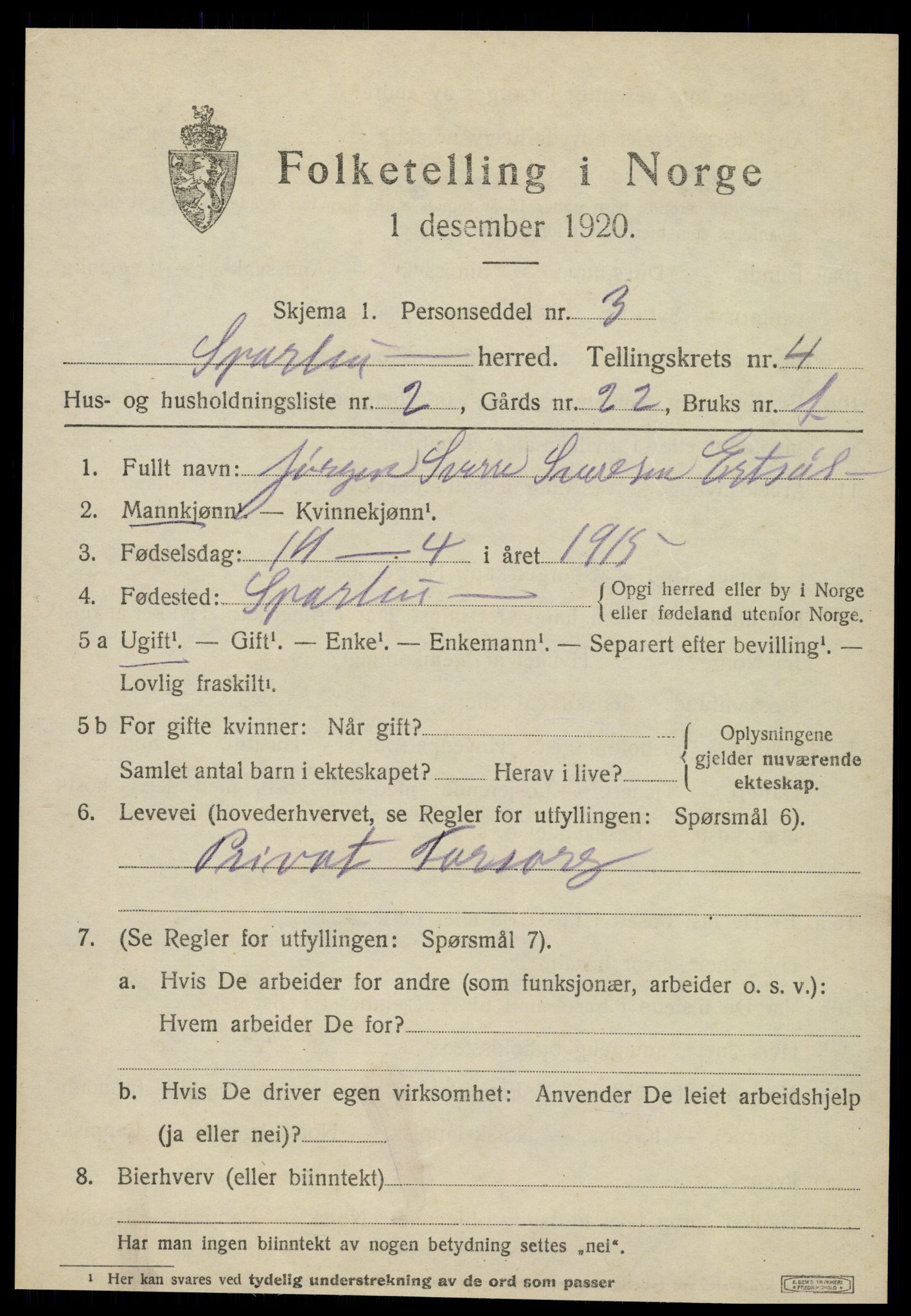 SAT, 1920 census for Sparbu, 1920, p. 5189