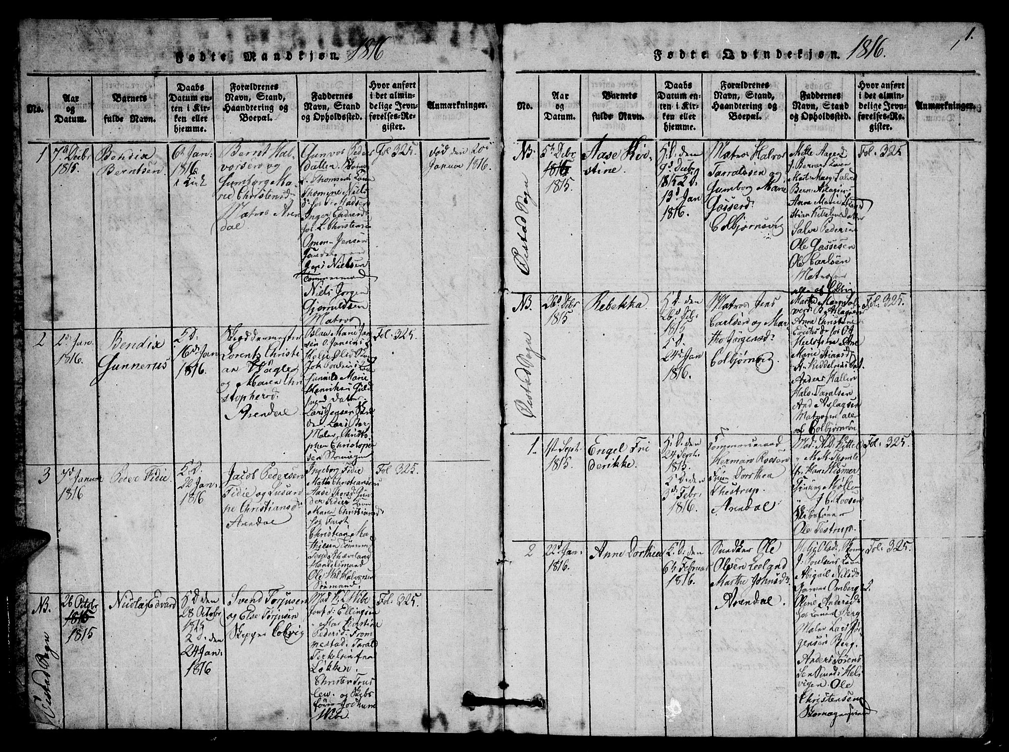 Arendal sokneprestkontor, Trefoldighet, SAK/1111-0040/F/Fb/L0001: Parish register (copy) no. B 1, 1816-1838, p. 1