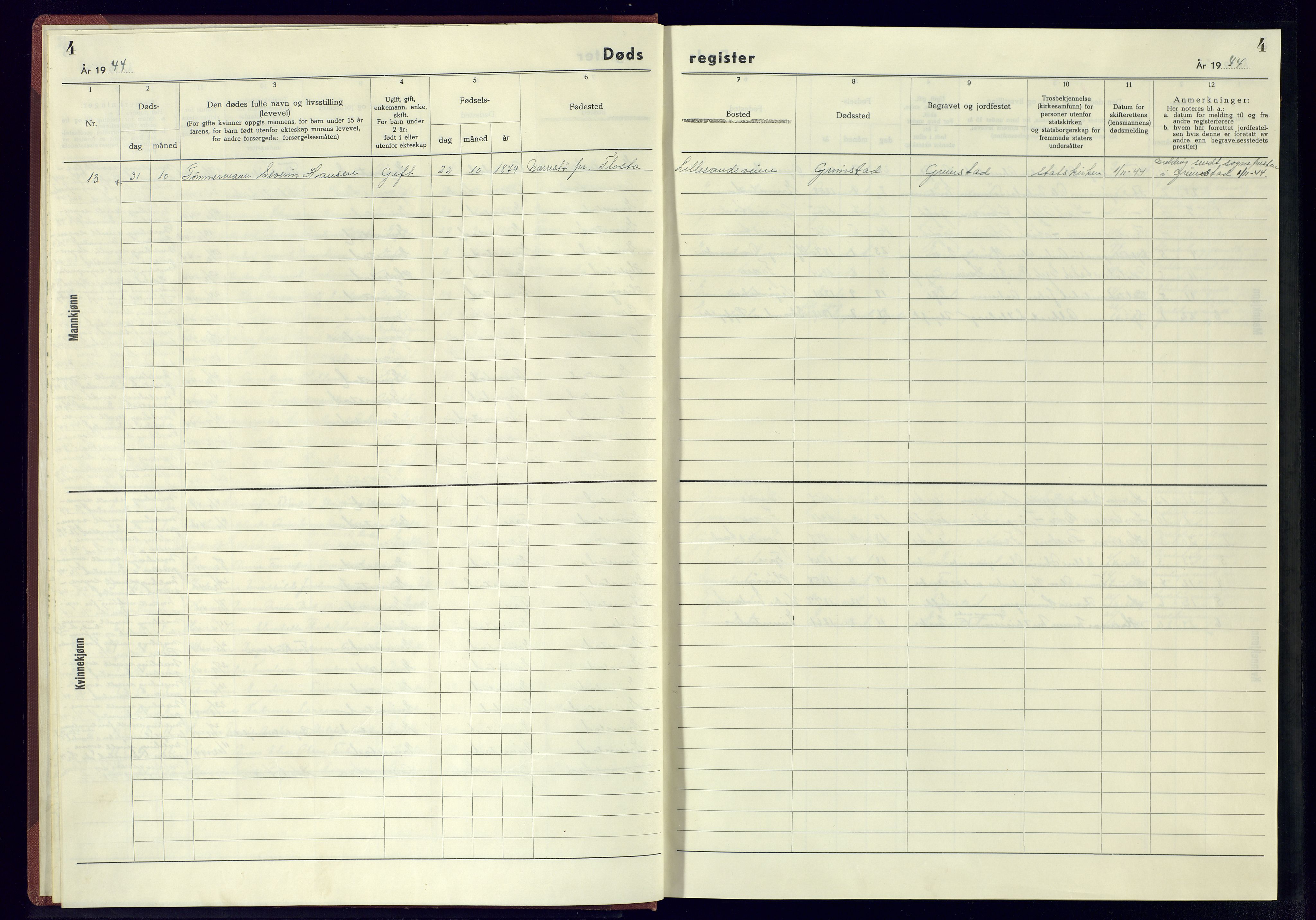 Grimstad sokneprestkontor, AV/SAK-1111-0017/J/Jb/L0003: II.6.3 - Dødsfallsregister, 1942-1945, p. 4