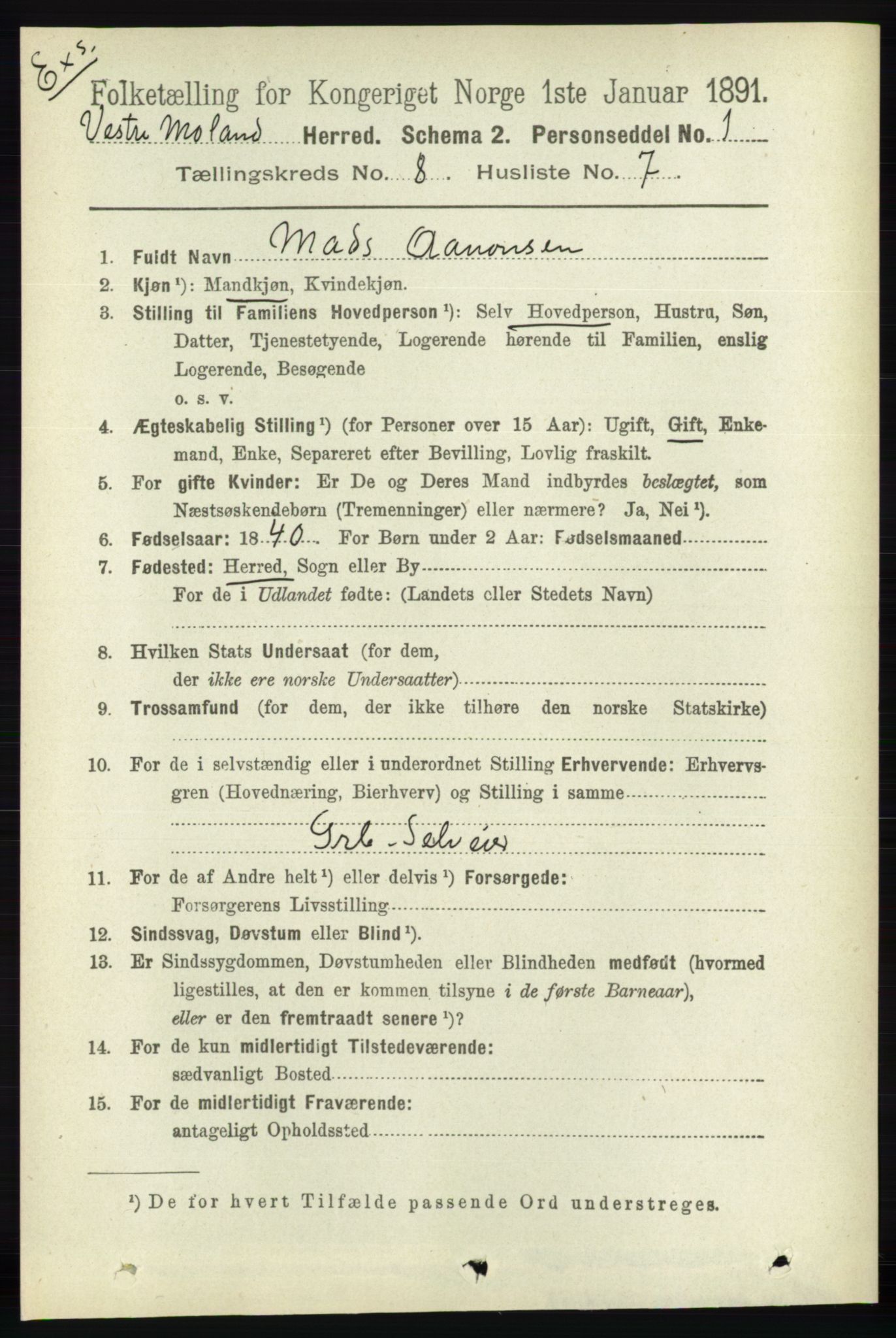 RA, Census 1891 for Nedenes amt: Gjenparter av personsedler for beslektede ektefeller, menn, 1891, p. 823