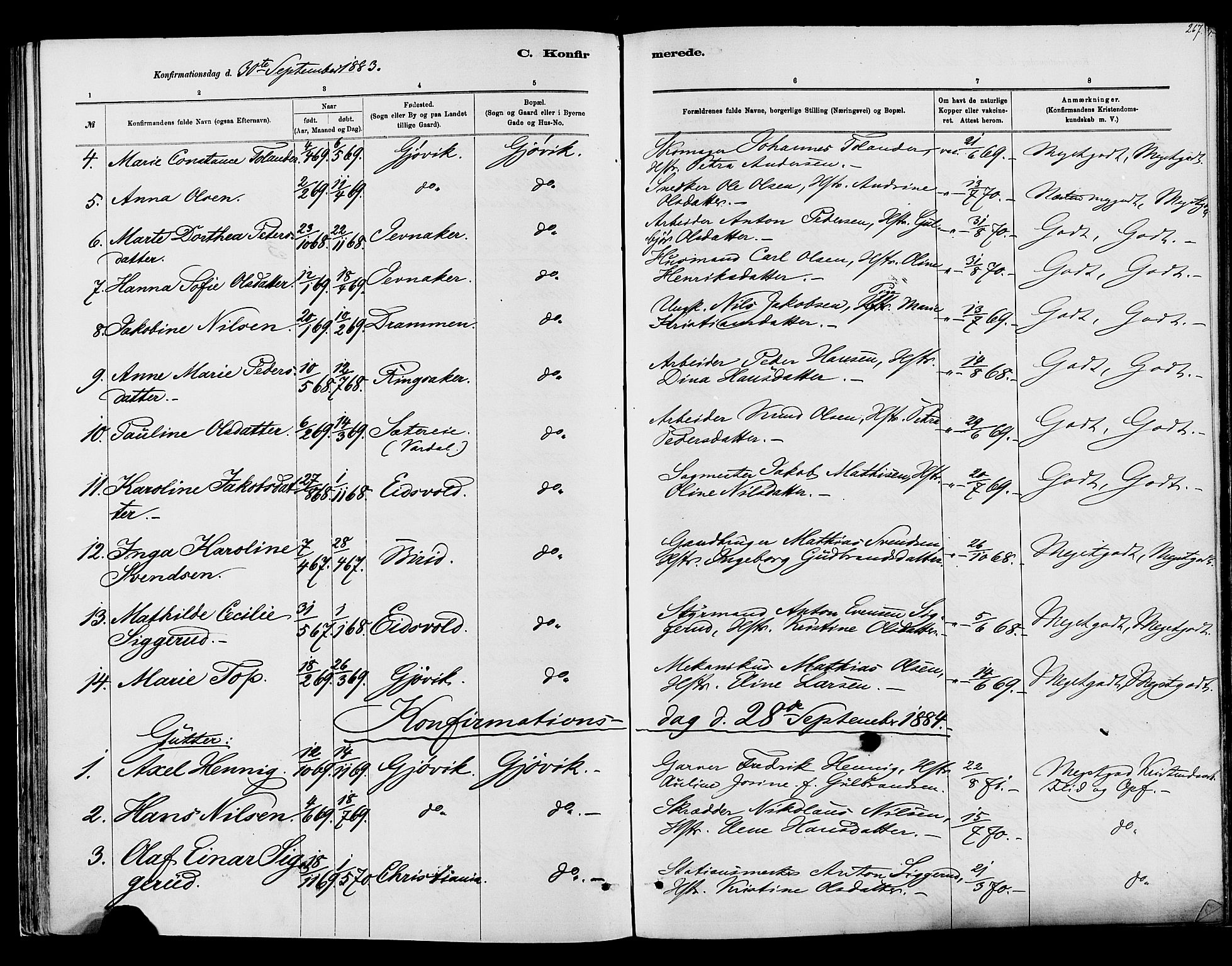 Vardal prestekontor, SAH/PREST-100/H/Ha/Haa/L0008: Parish register (official) no. 8, 1878-1890, p. 267