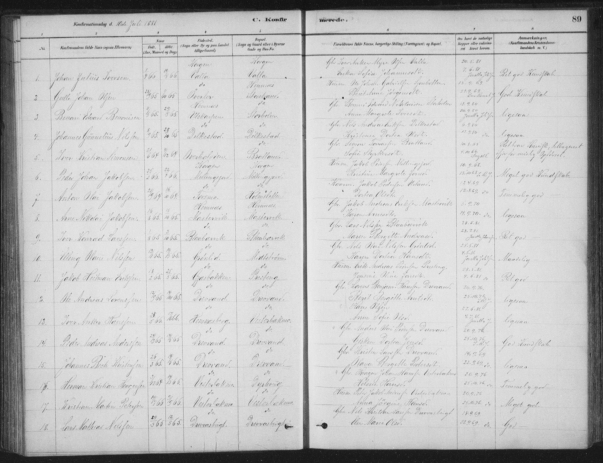 Ministerialprotokoller, klokkerbøker og fødselsregistre - Nordland, AV/SAT-A-1459/825/L0361: Parish register (official) no. 825A15, 1878-1893, p. 89