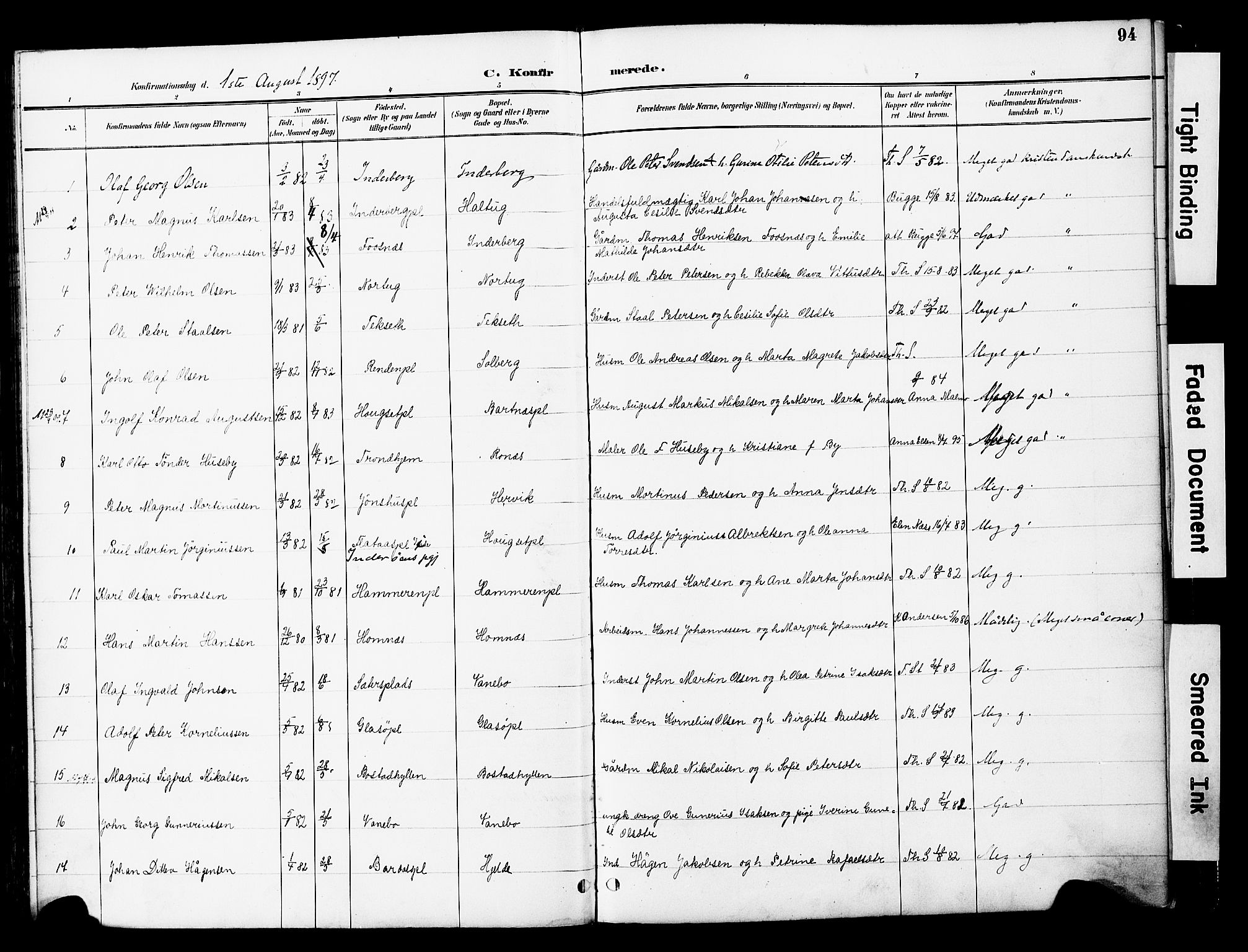 Ministerialprotokoller, klokkerbøker og fødselsregistre - Nord-Trøndelag, SAT/A-1458/741/L0396: Parish register (official) no. 741A10, 1889-1901, p. 94