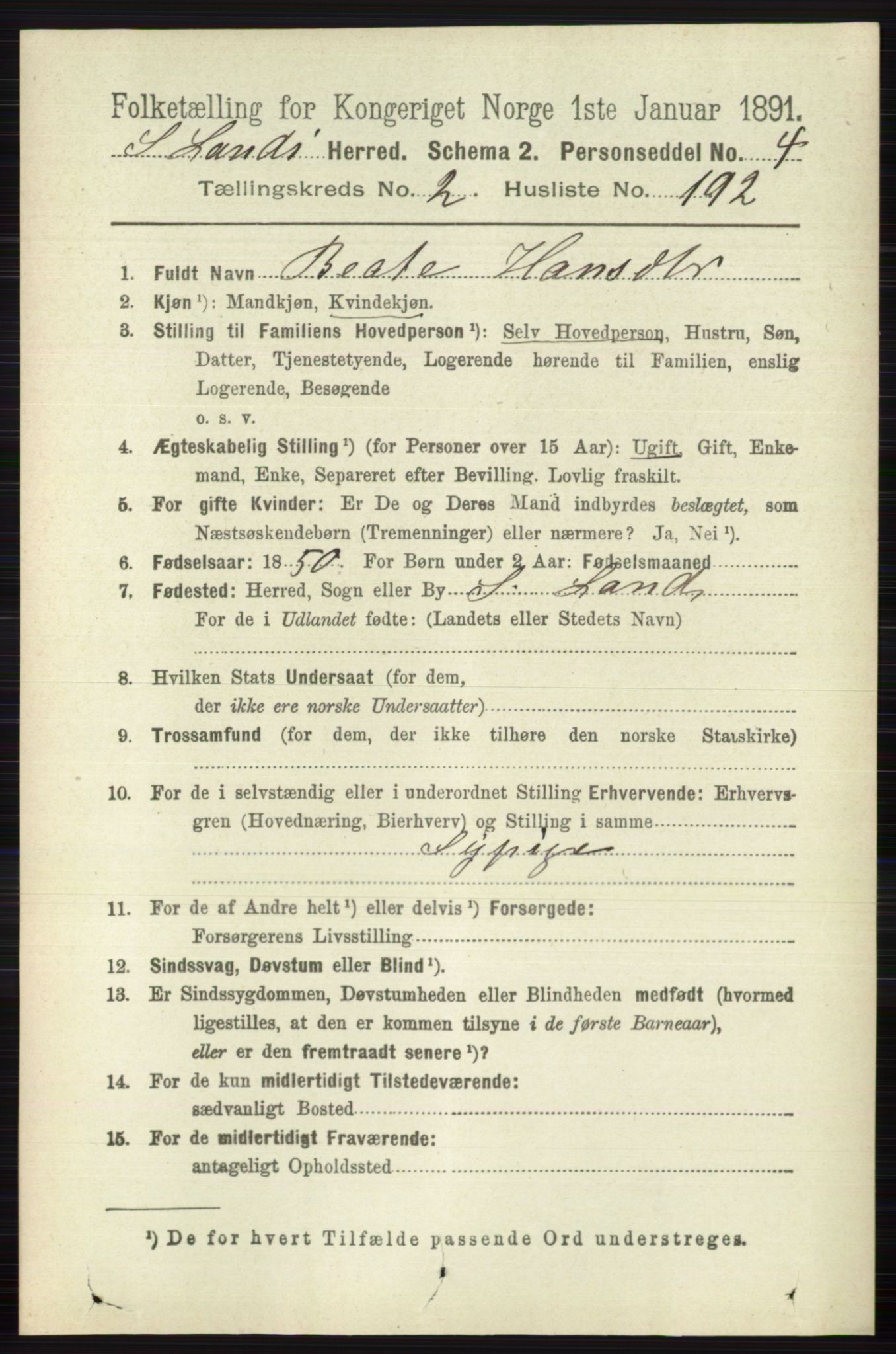 RA, 1891 census for 0536 Søndre Land, 1891, p. 2251