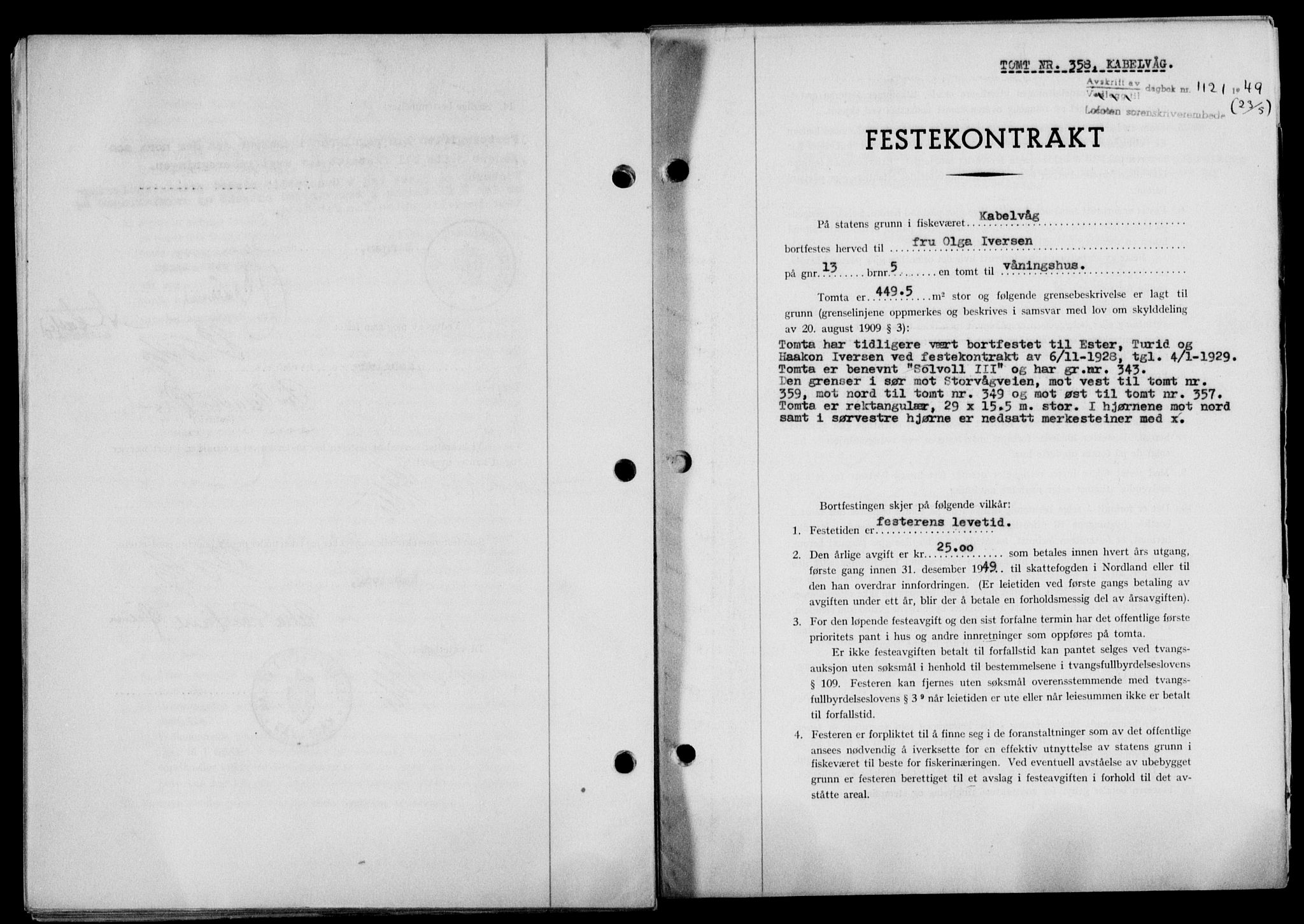 Lofoten sorenskriveri, SAT/A-0017/1/2/2C/L0020a: Mortgage book no. 20a, 1948-1949, Diary no: : 1121/1949